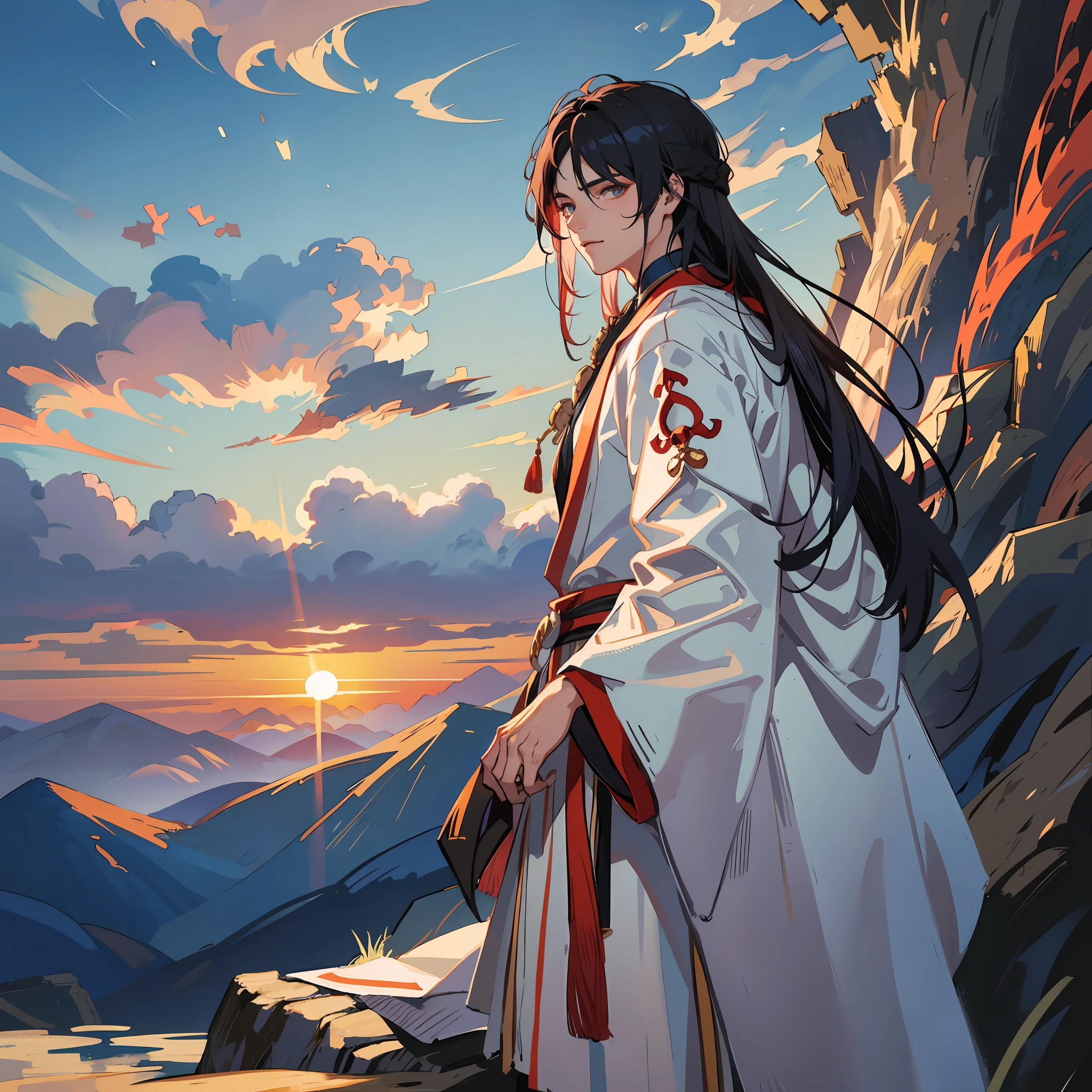 A handsome young man with long black hair and shawl, wearing an ancient Chinese white robe, stood on the top of the mountain, watching the sunset