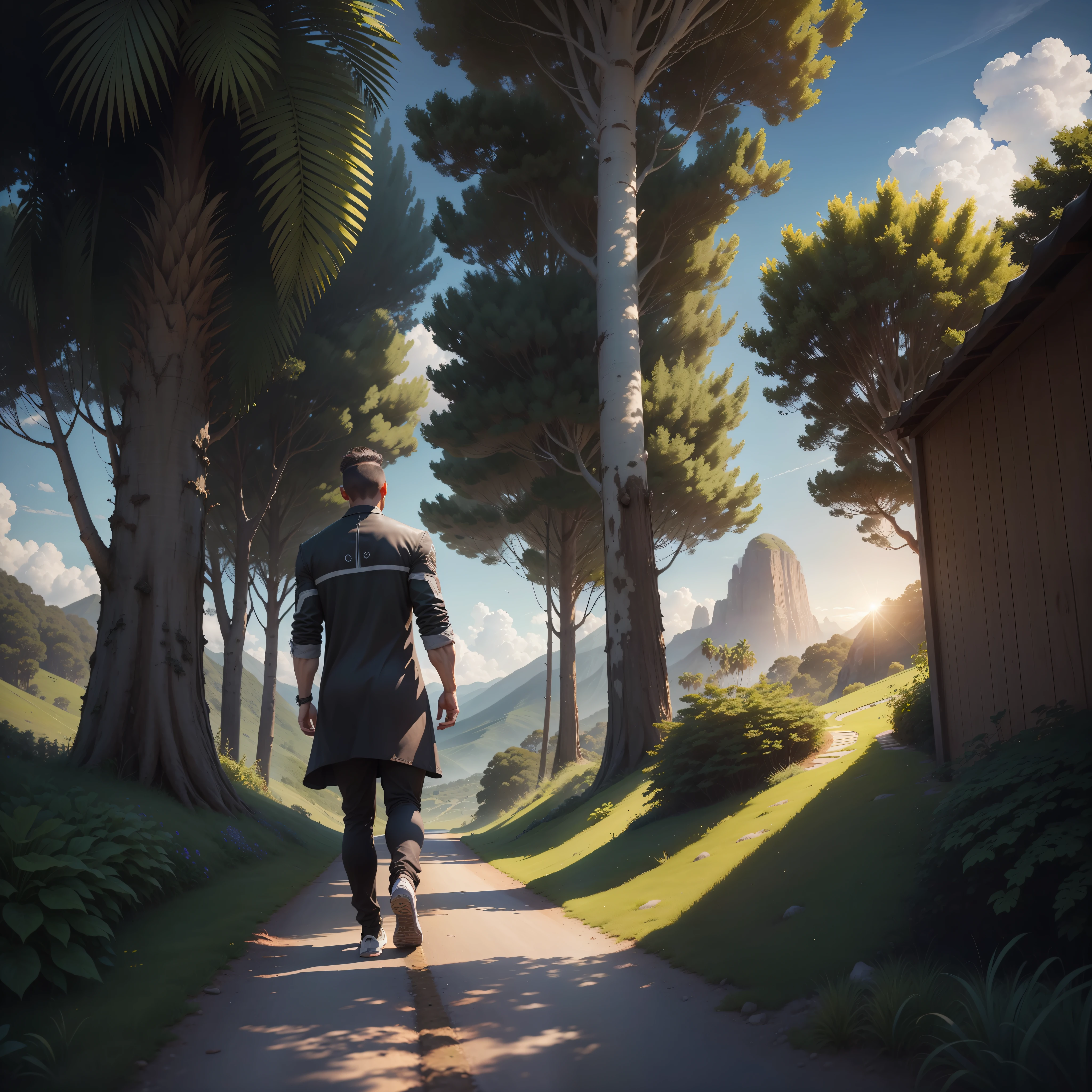 man, landscape, nature, mountains, paths, path, path to heavens, palm trees, alone, alone, straight path, natural view, divine, clouds, cloud, heavens, sky, sun, detailed sky, path to, back, manly, manly, manly, vigorous, strong, well dressed, tunic, decent, walk, run, path, beauty path, life path, nature, beautiful place, paradise, back, walking, looking at the straight path,  Direction photorealism, photorealistic, Ultra HD, 4K, detailed textures, futuristic colors, detailed colors,