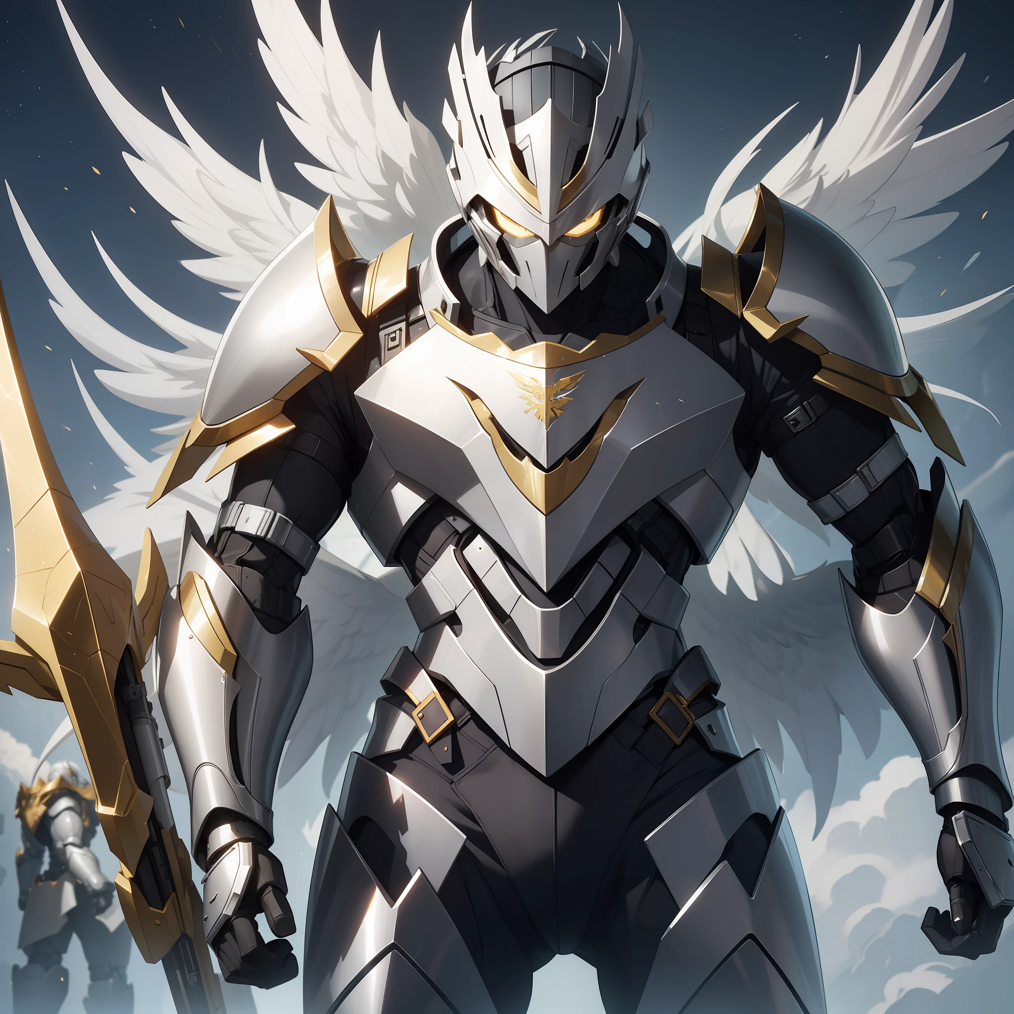 21-year-old boy, Heroic-looking and knight-looking silver robotic armor, gold-colored visor, silver phoenix-shaped robotic helmet,