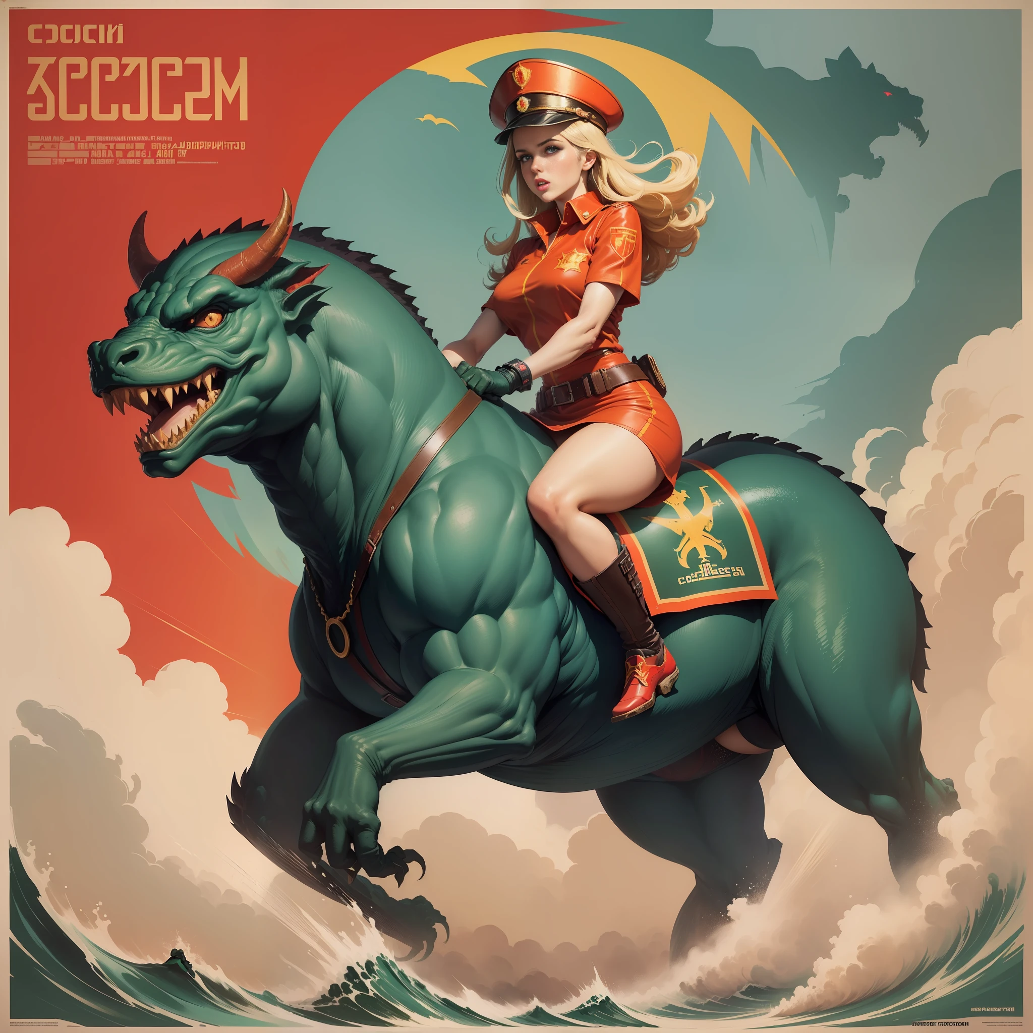 ((CCCP Poster, Soviet Poster)) ((( a beautiful hot, girl, riding a wild monster))) propaganda Poster, poster, Poster design, poster art style. 1970s, 1950s, 1960s, basic colour scheme, Very colourful poster, colour art, thirds rule, inspiring, dynamic perspective