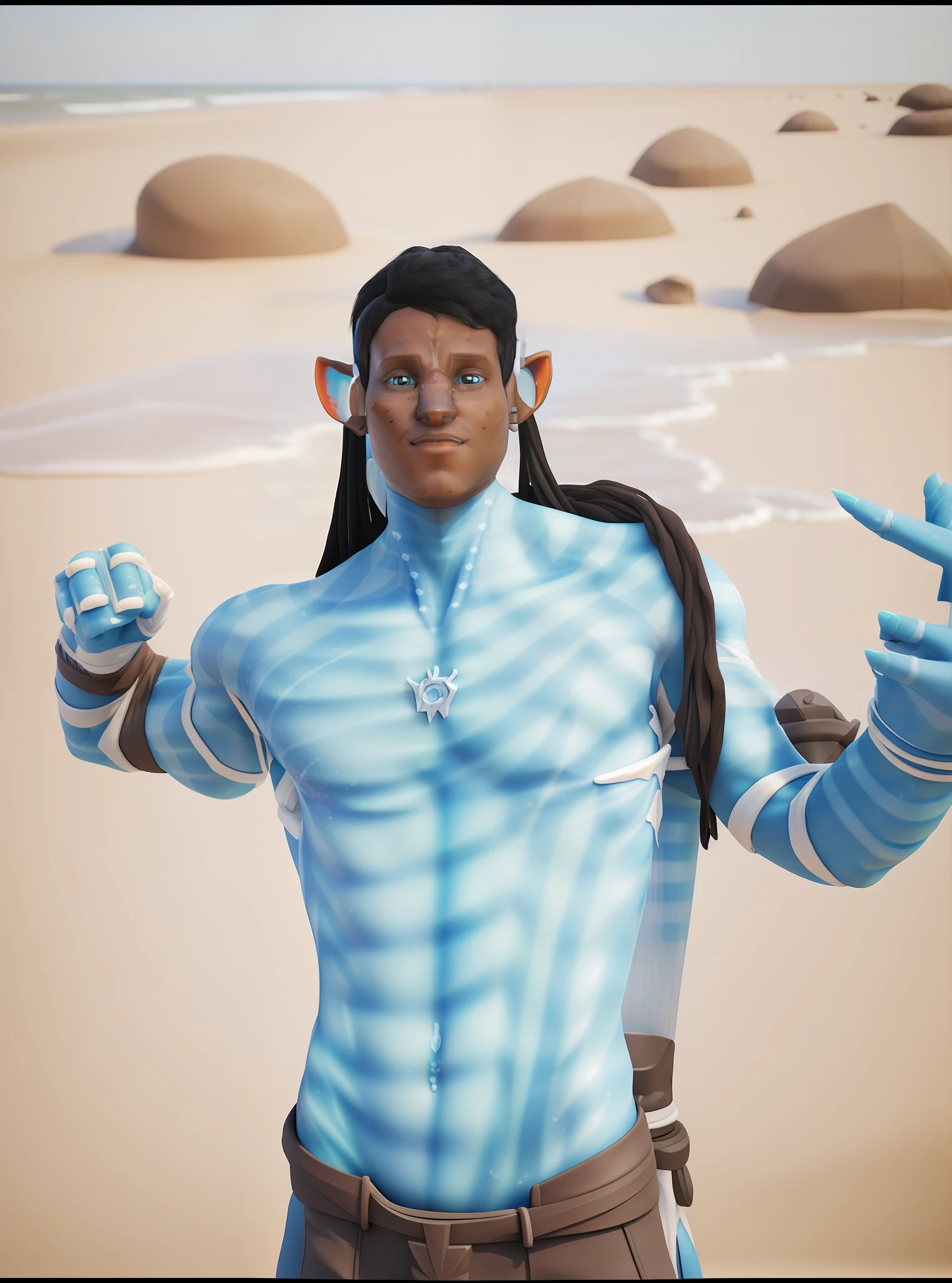 (3D avatar:1.3), humanoid body,(beach background:1.1)