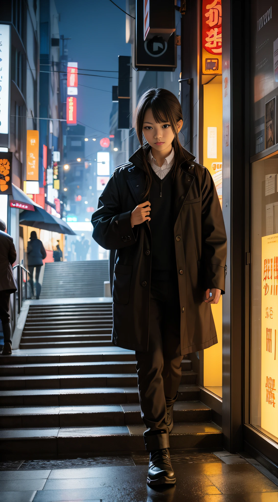 amazing girl look for the camera, worm view, night, misty, rain, there is a person walking up a set of stairs in a city, a still of Shibuya, streets of Tokyo, street of Tokyo, in Tokyo, city like Tokyo, walking over a tiny city, Shibuya cyberpunk, artwork of a Tokyo street, man walking through city, inspired by Carl Spitzweg, by John La Gatta