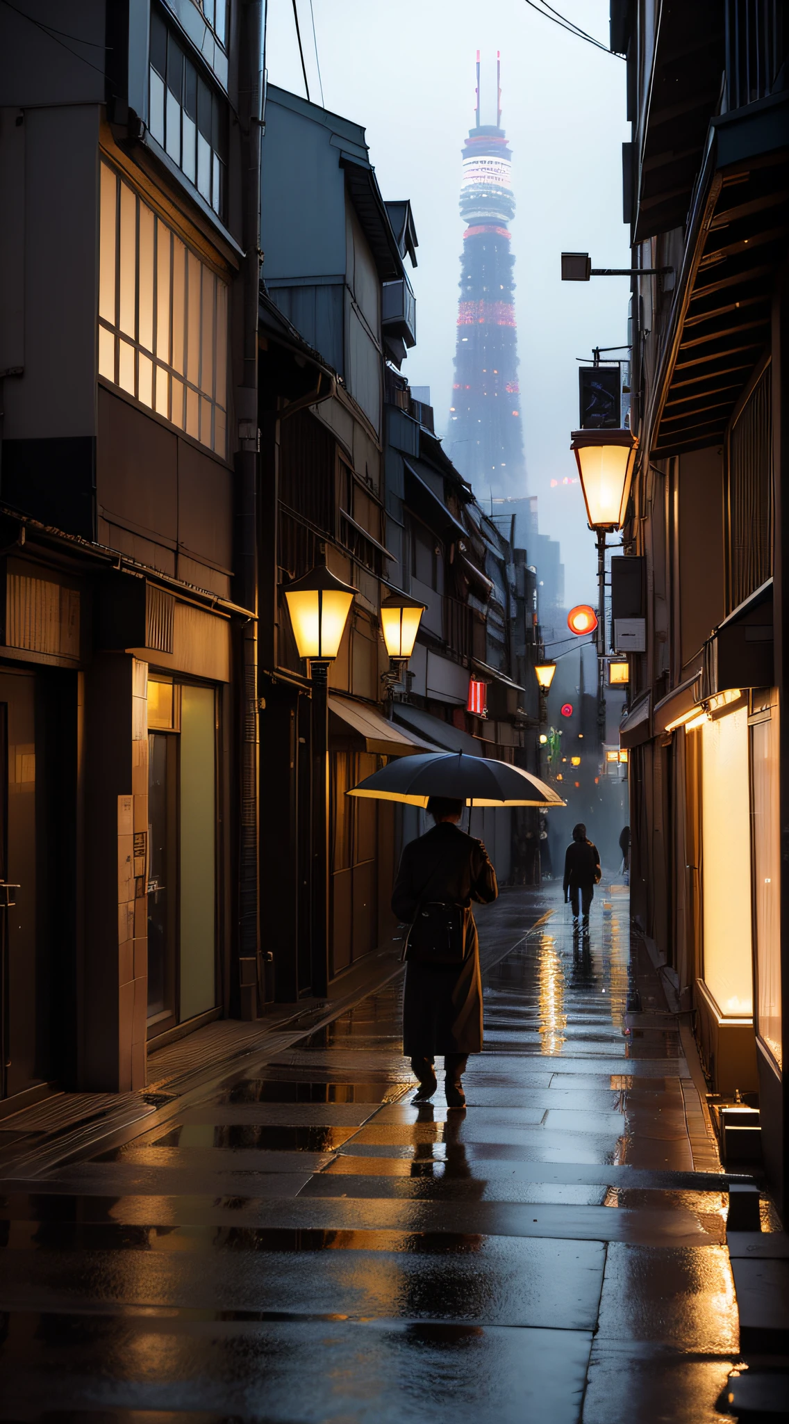 amazing girl look for the camera, worm view, night, misty, rain, there is a person walking up a set of stairs in a city, a still of Shibuya, streets of Tokyo, street of Tokyo, in Tokyo, city like Tokyo, walking over a tiny city, Shibuya cyberpunk, artwork of a Tokyo street, man walking through city, inspired by Carl Spitzweg, by John La Gatta