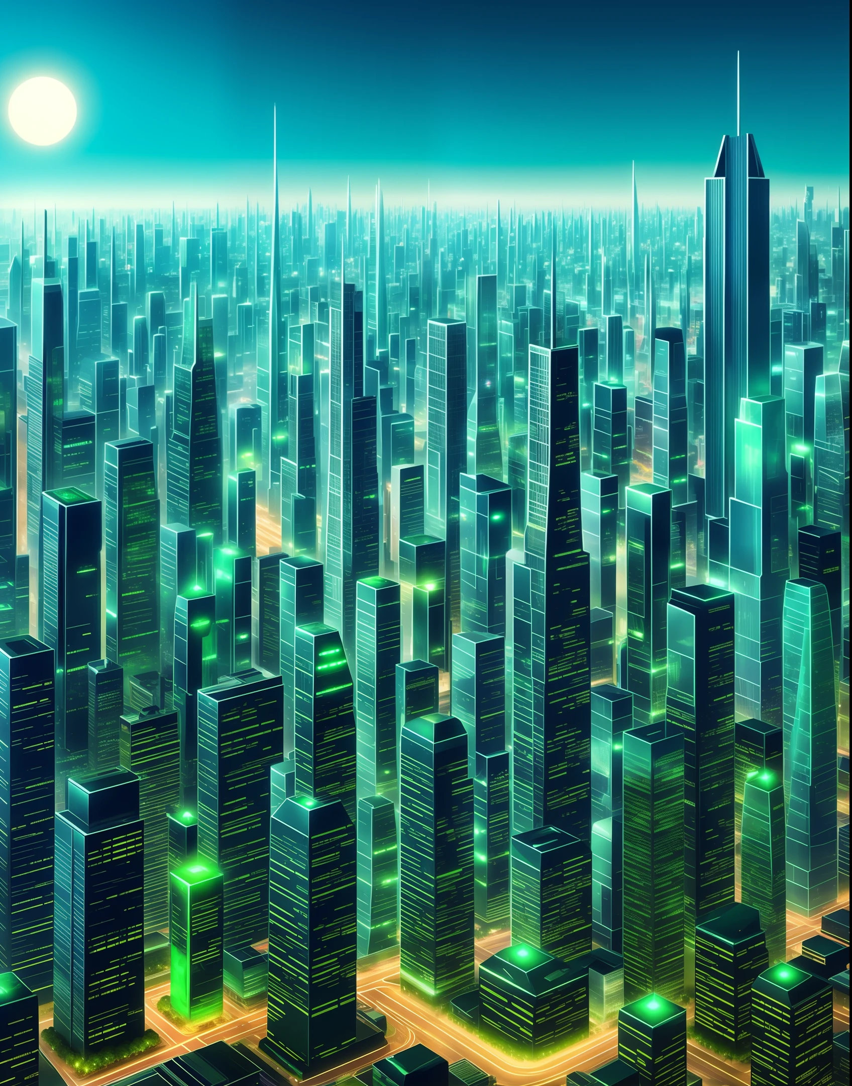 A crowded futuristic city made completely of emeralds.