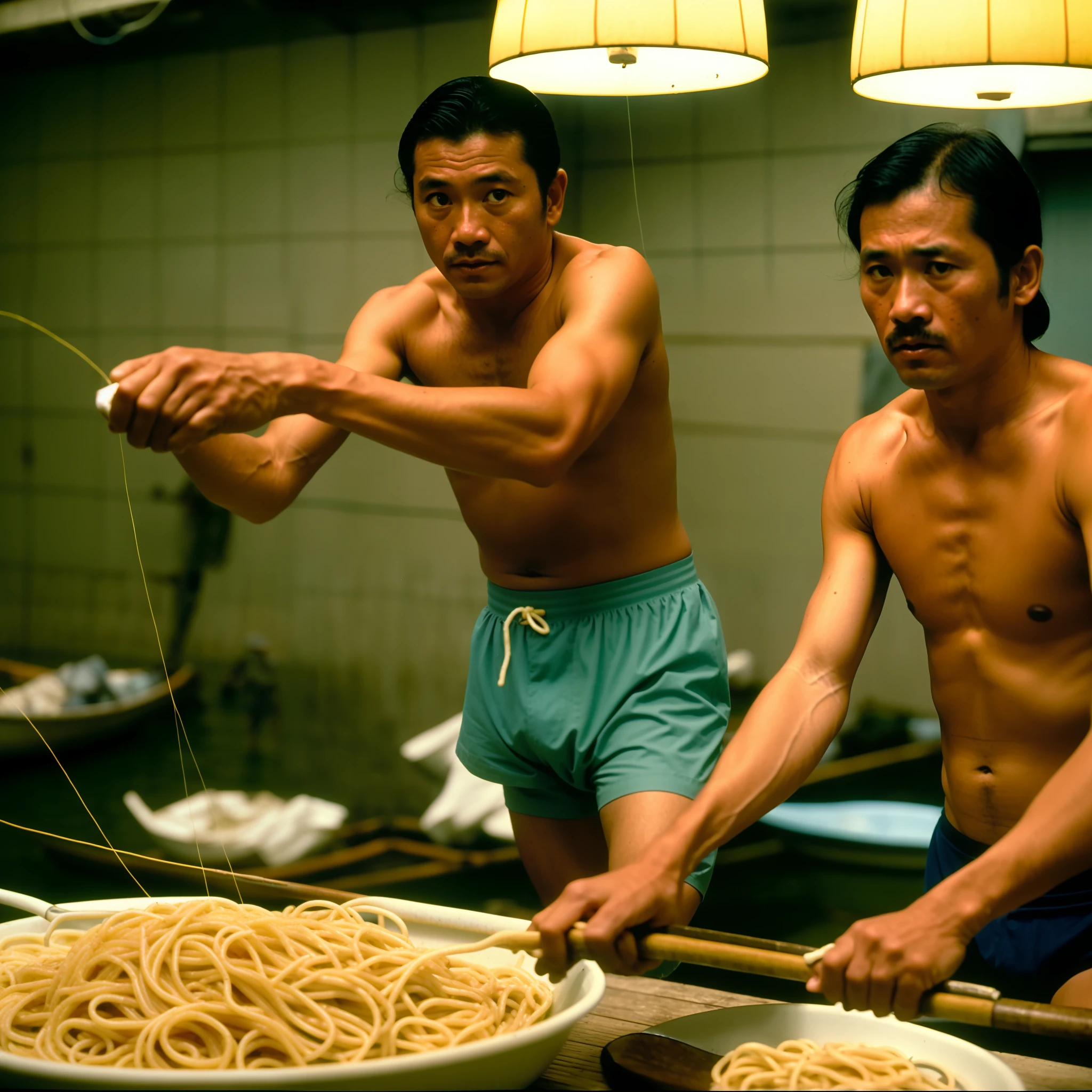 1980 portrait of TaigaNakano person as a fisherman in underwear pulling a new catch of spaghetti from the ocean, in Blade Runner, professional photography, Canon 5 0 mm, 4K, 2K, cinematic lighting, Masterpiece photography, Wes Anderson, film, Kodachrome, Polaroid,