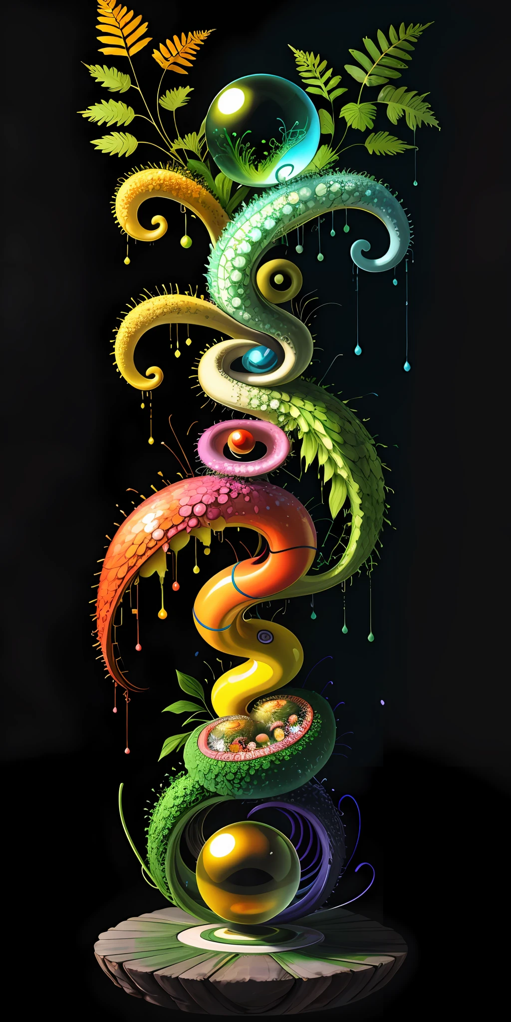yin and yang anthill, ant, lily, insect, fern, girl, beautiful symmetrical full body photo with oil painting, with thick brushstrokes and wet paint, fibonacci, golden ratio, melted wax, visible brush strokes, surrounded by crystal ball, 3d mosaic wireframe, neurographics, neurons, tree of life, color, love, passion, oil on canvas, thick brush strokes, crazy details, 8k uhd, masterpiece, art station, surrealism