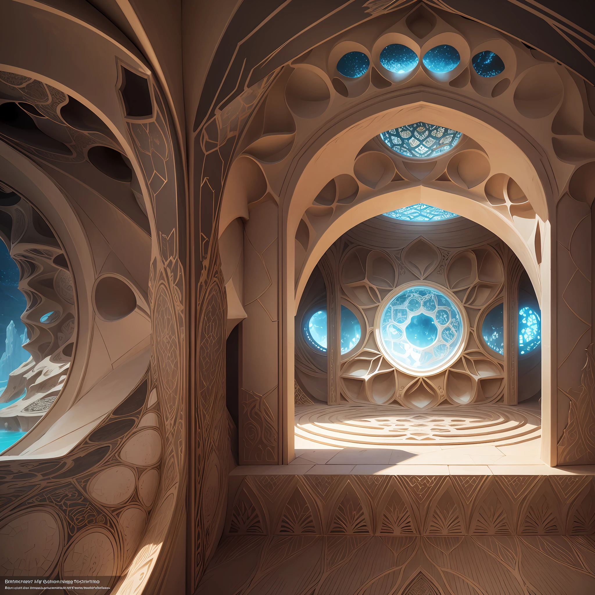 Futuristic Islamic architecture design of cave architecture concept art on desert oasis, islamic architecture, proportional,detailed, cave architecture nature meets futuristic architecture by Toyo Ito ,residential area, futuristic development, high rise balconies, full of rock and glass facades, residential spaces carved from cliff side ,trending on artstation, beautiful lighting,In the style of Arabic calligraphy masterpiece, fantasy, intricate, award winning, 4k, highest quality render --auto --s2