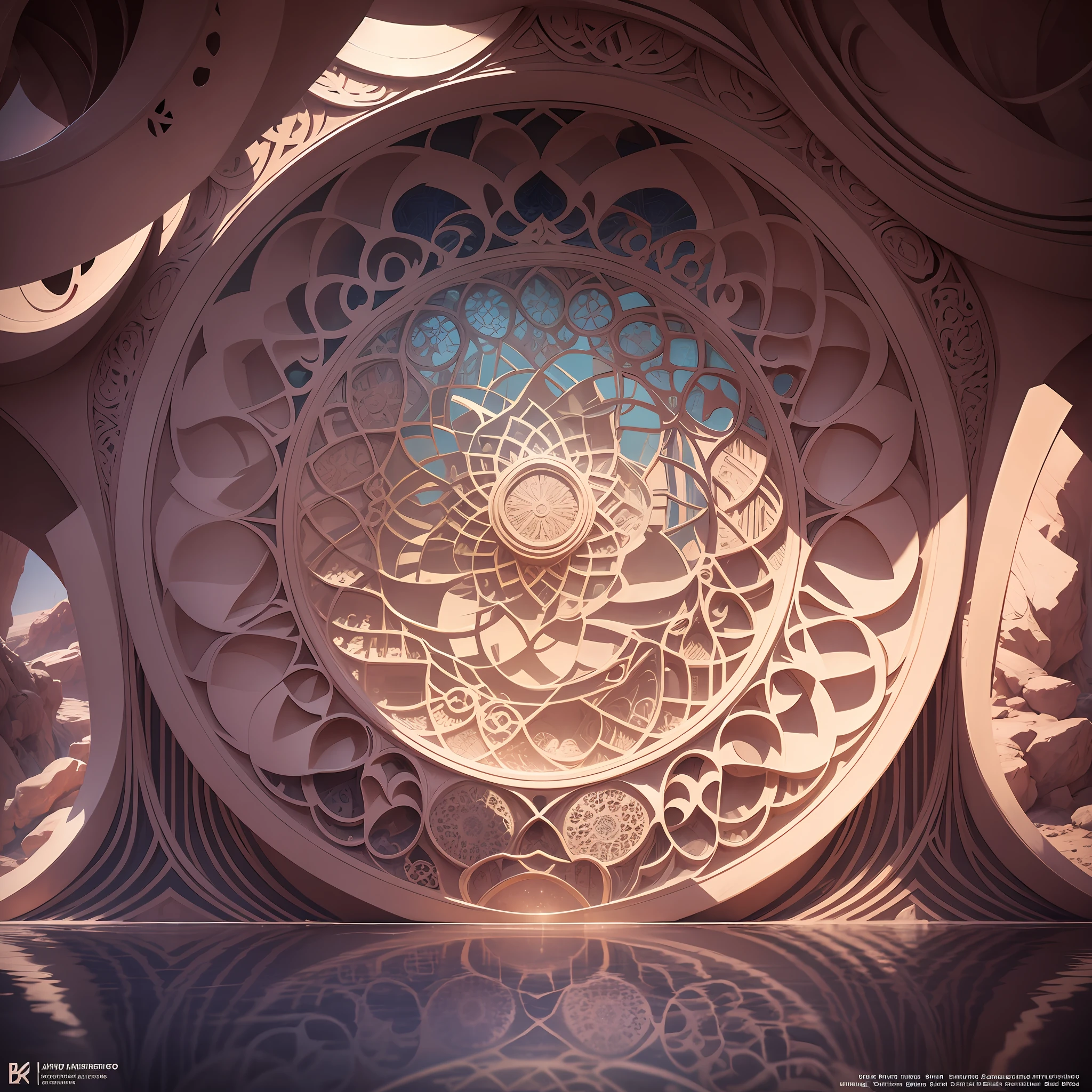 Futuristic Islamic architecture design of cave architecture concept art on desert oasis, islamic architecture, proportional,detailed, cave architecture nature meets futuristic architecture by Toyo Ito ,residential area, futuristic development, high rise balconies, full of rock and glass facades, residential spaces carved from cliff side ,trending on artstation, beautiful lighting,In the style of Arabic calligraphy masterpiece, fantasy, intricate, award winning, 4k, highest quality render --auto --s2