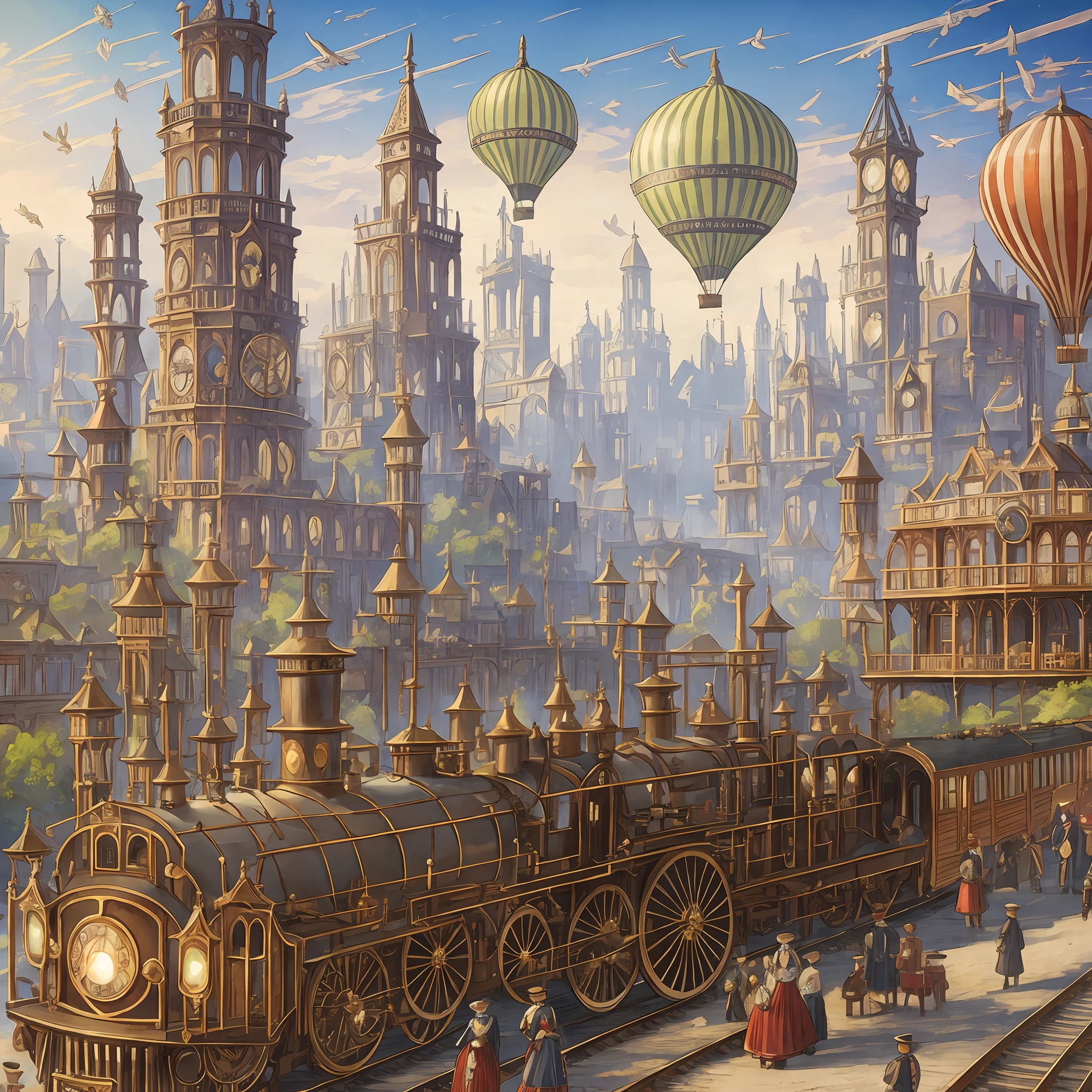 Fantasy steampunk city, steam trains, people in Victorian clothes from the 1890s, steam technology, steam zeppelin balloons --auto --s2
