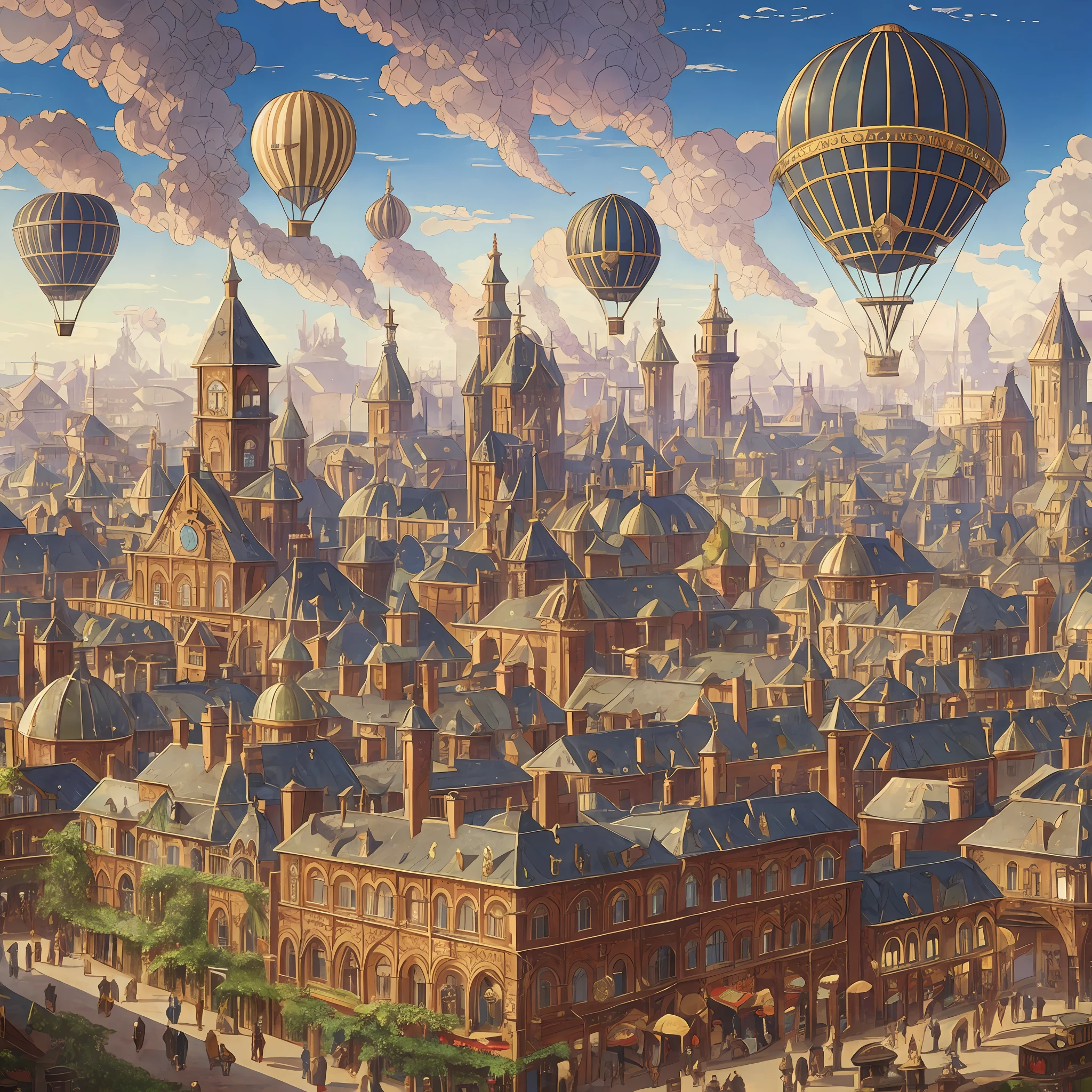 Fantasy steampunk city, steam trains, people in Victorian clothes from the 1890s, steam technology, steam zeppelin balloons --auto --s2