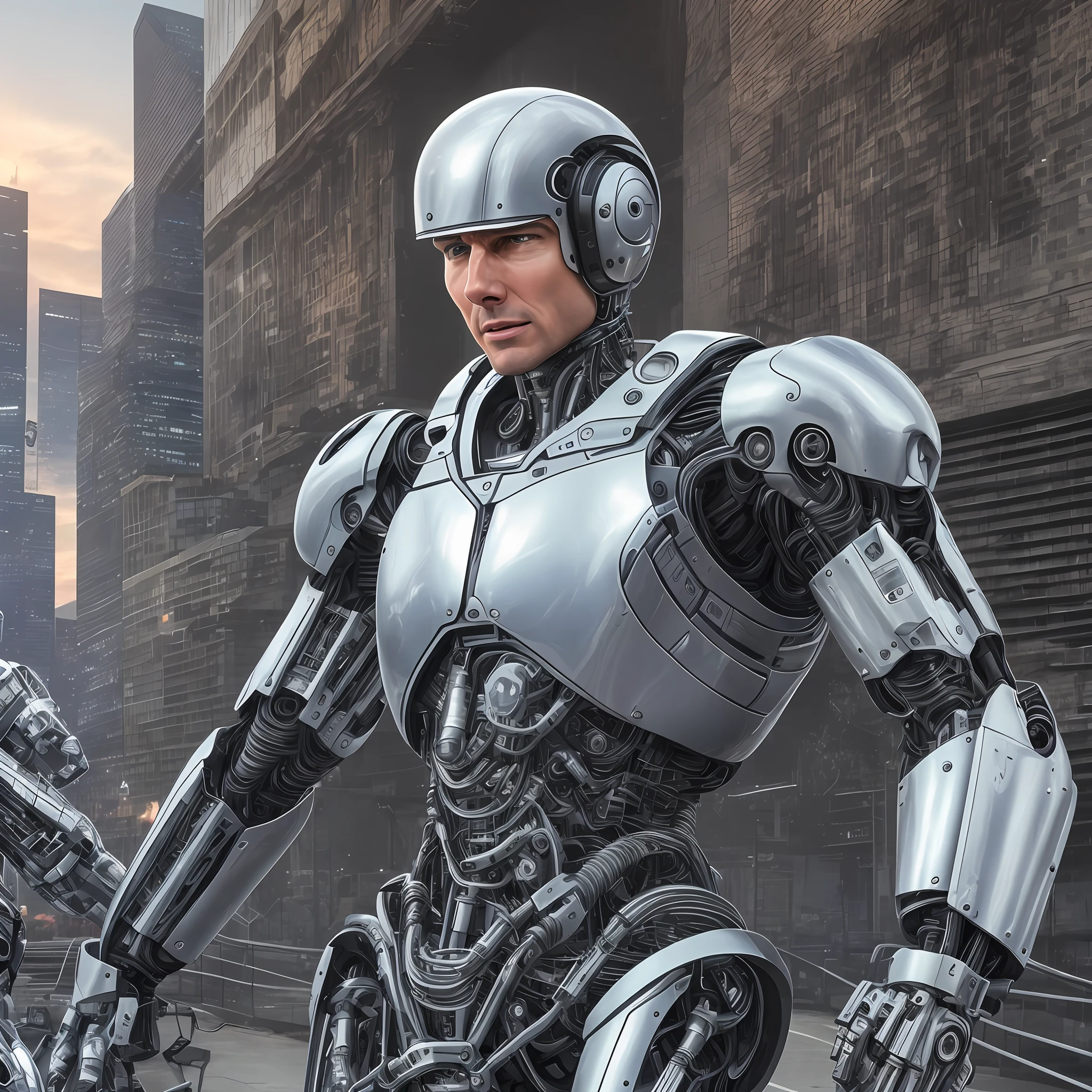 Realistic 4k image of actor Tom cruise greeting a real cybernetic robot with human arm --auto --s2