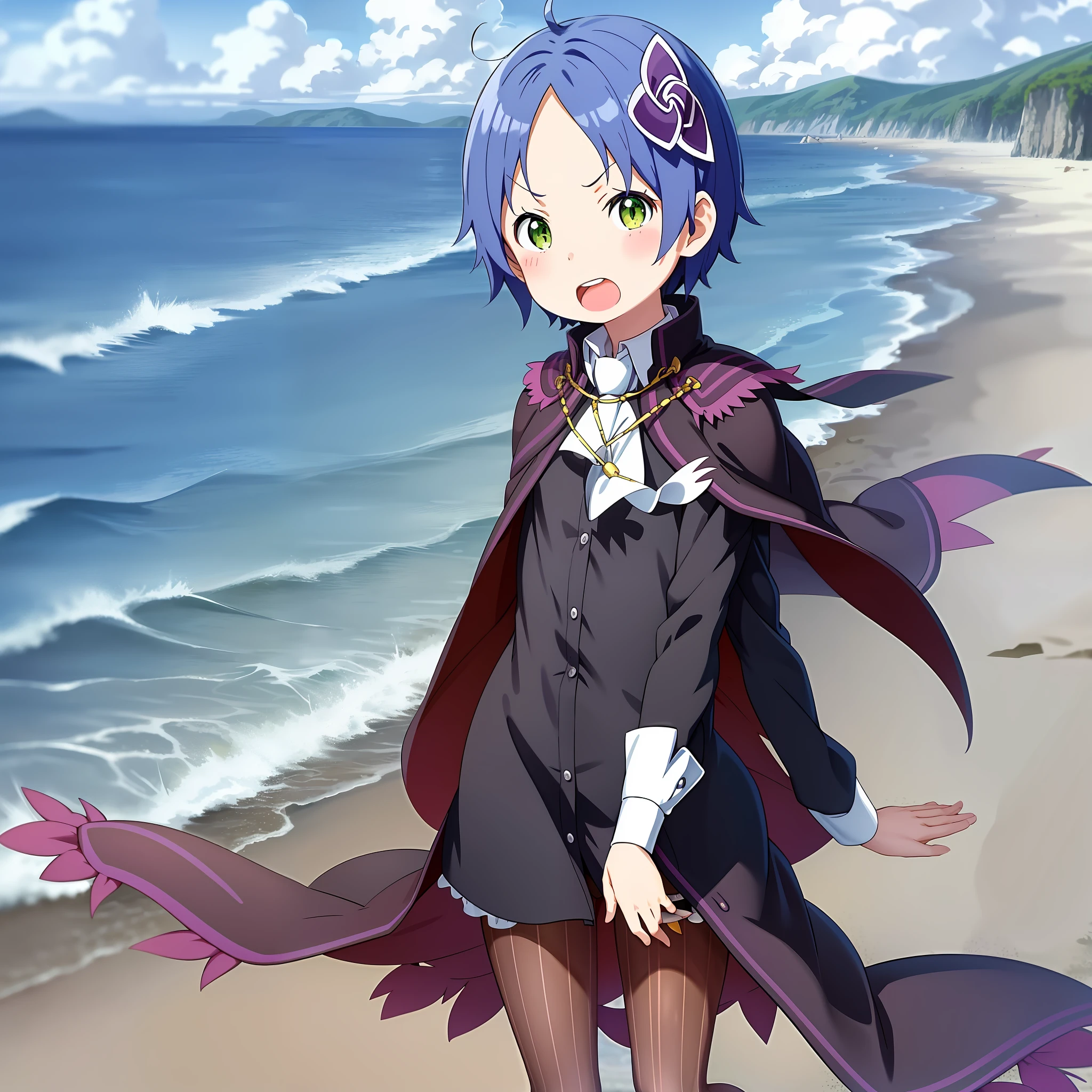 anime screencap, beach,
1girl, solo, green eyes, blue hair, short hair, hair ornament, open mouth, pantyhose, cape, striped, looking at viewer, striped pantyhose,white necktie,arms up,