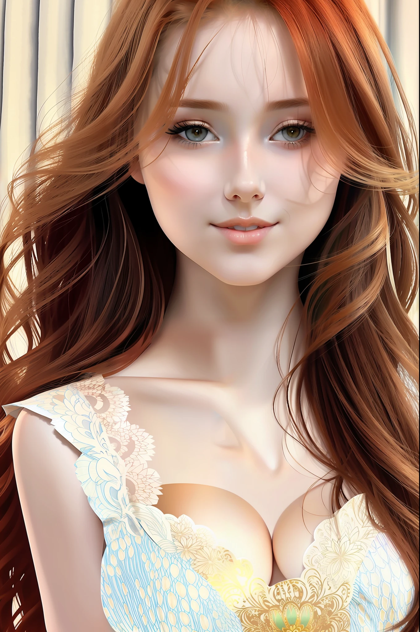 Anna Semenovich, Ana De Armas, natural skin, translucent skin, Arcade core Portrait, elegant, smile, redhead ginger curly hairs, gold dreamlike, big beutiful eyes, Alphonse Mucha dynamic lighting trending on artstation, 8k, sharp focus, art illustration by Miho Hirano