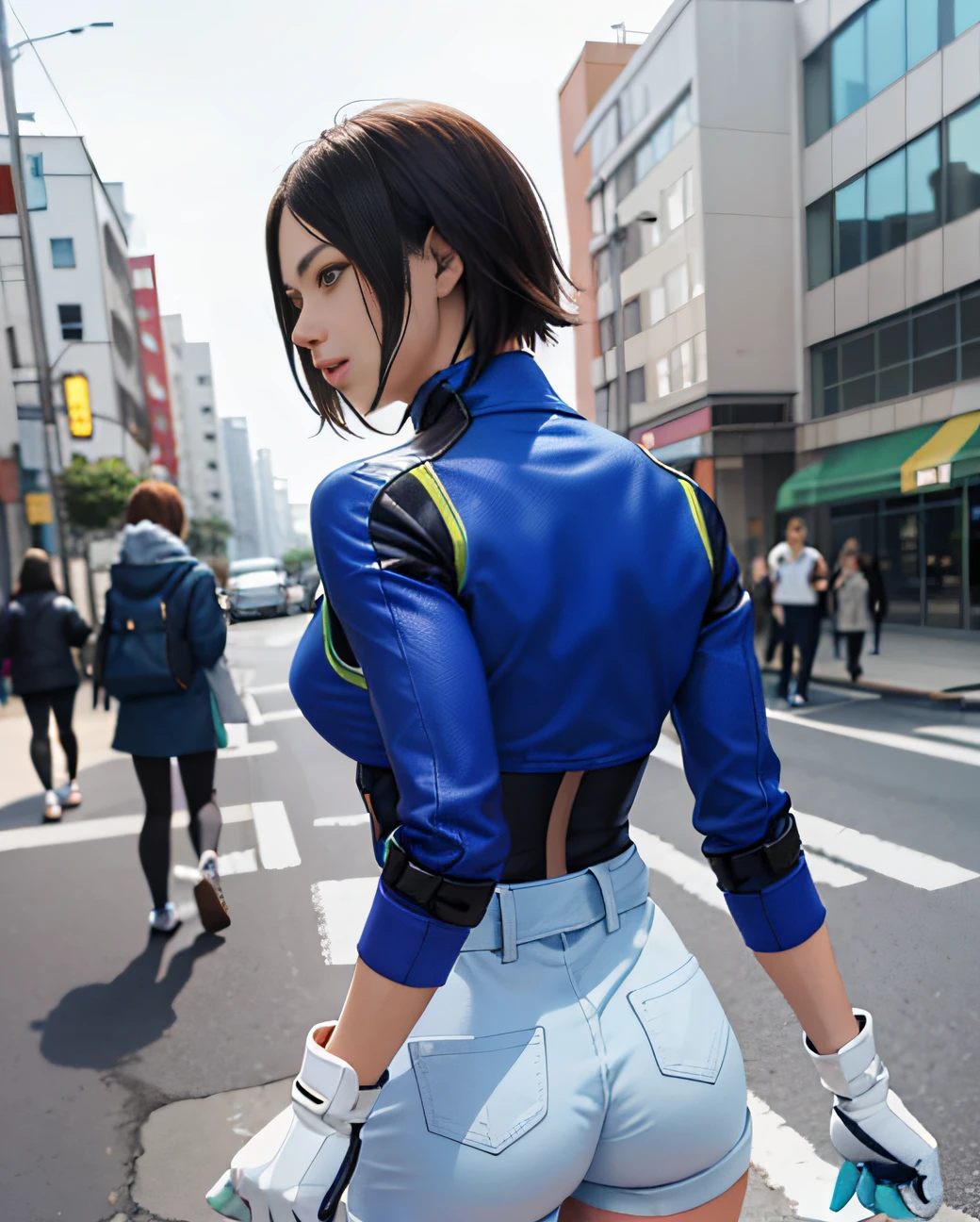 (obra-prima, qualidade premium: 1.2), sozinha, strong, 1girl (Kazama Asuka), cabelo curto castanho, olhos castanhos, back, showing butt, in clothes, sfw, on the street (shot from behind 1:1), gloves(1:1)