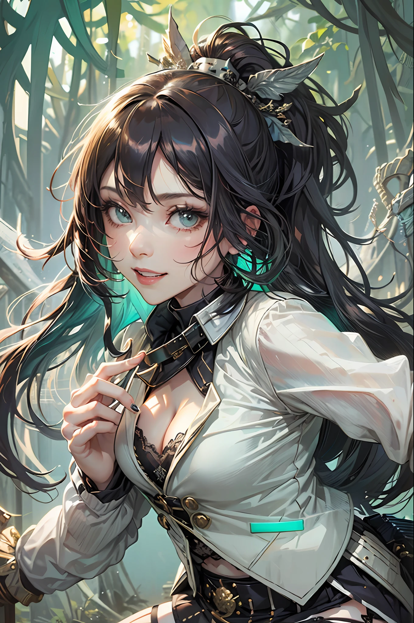 1girl, ((adult)). long glossy hair, dark brown hair, ponytail, white short skirt, milky skin, white leggings with black vines, unbuttoned tailcoat, ((black-vine design on tailcoat/suit)), mint hair-tie, shorts beneath skirt, wet white shirt, (mint green cloak), pantie shot, upskirt, confident pose, flirty pose, huge grin, cleavage, flat chest, tiny breasts, beautiful forest background, perky, super upbeat, very short skirt, flashing mint panties, skirt raised --auto --s2