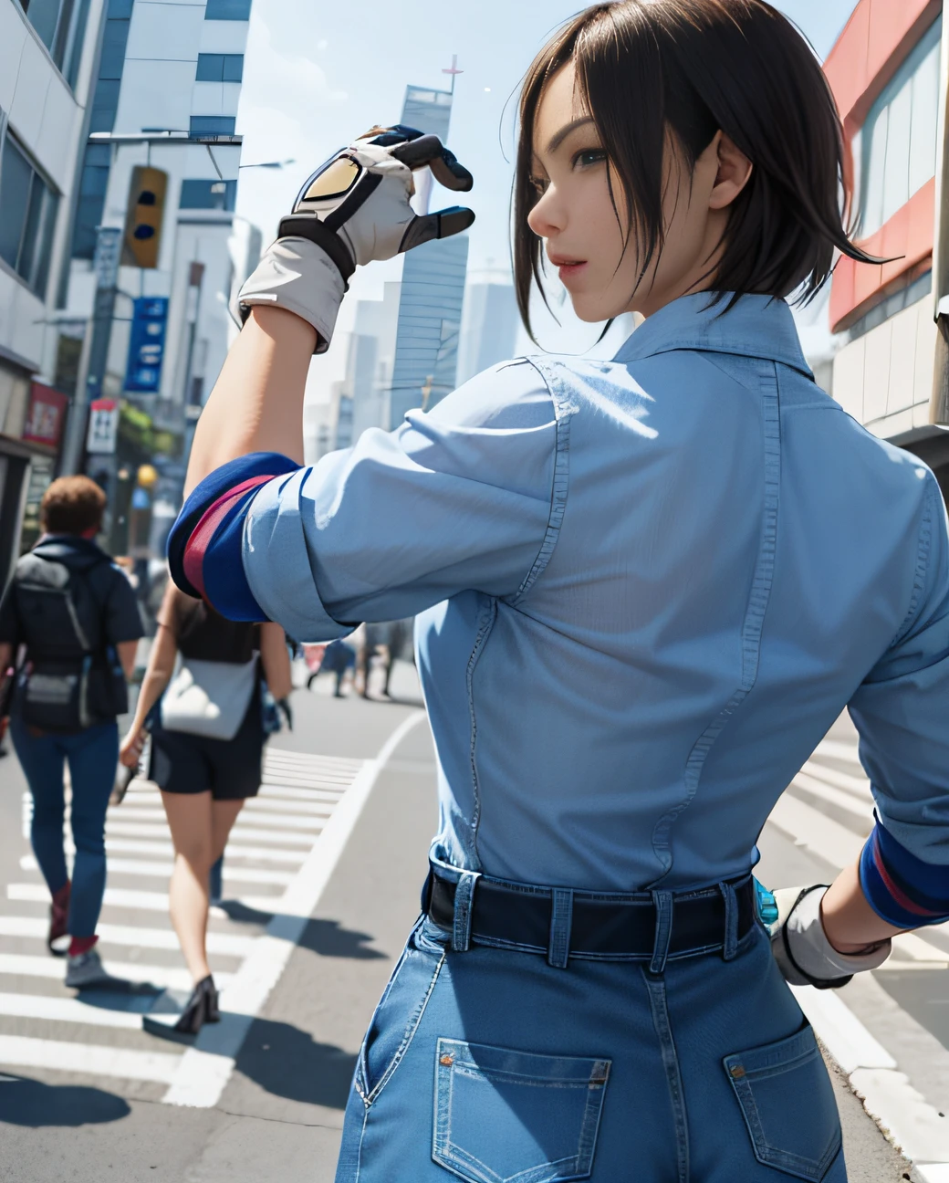 (obra-prima, qualidade premium: 1.2), sozinha, strong, 1girl (Kazama Asuka), cabelo curto castanho, olhos castanhos, back, showing butt, in clothes, sfw, on the street (shot from behind 1:1), gloves(1:1)