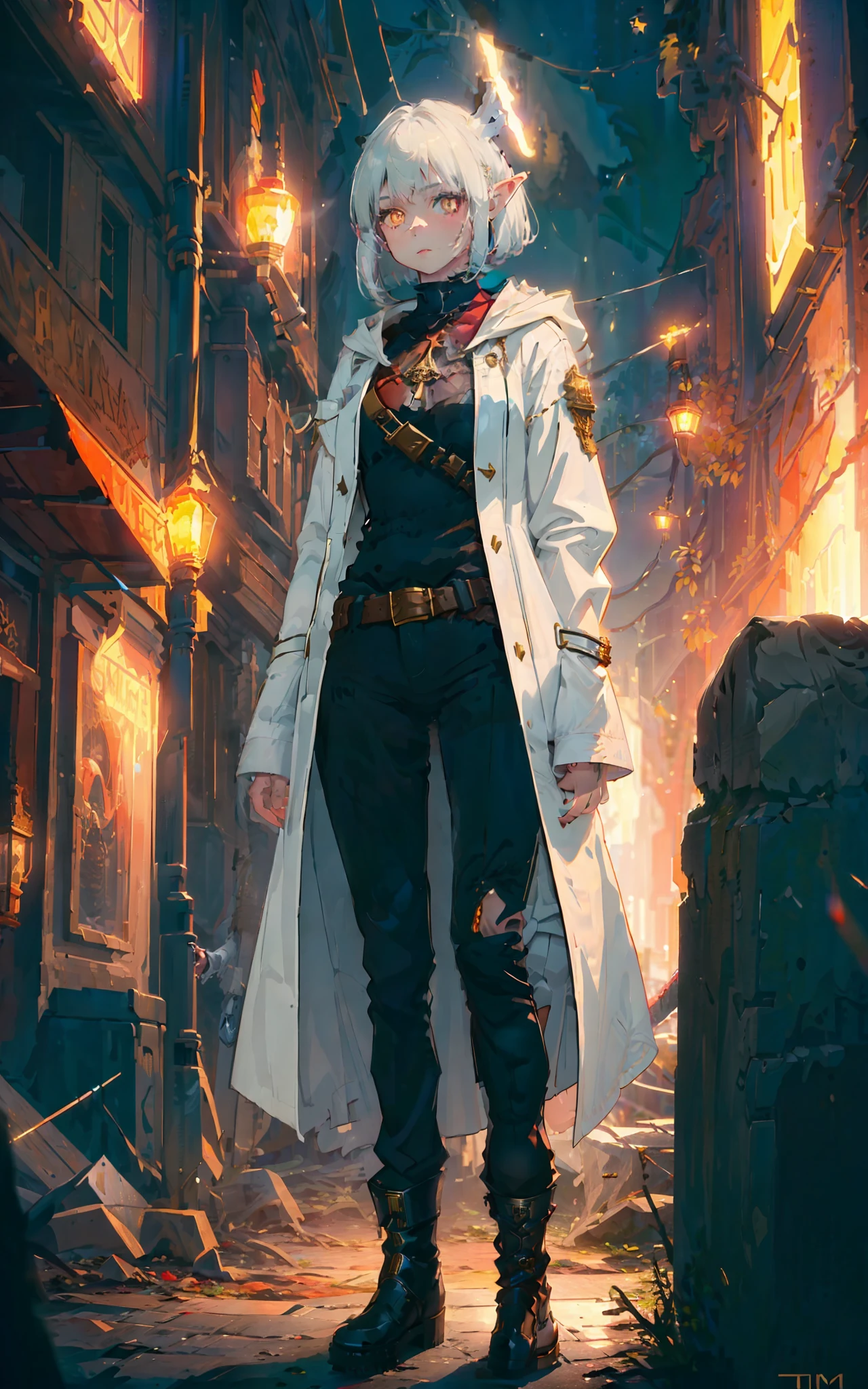 (1girl, solo, full height:1.5) award-winning photography, girl (elven ears, young, sweet face: 1.1), thin, fragile, straight hair, disheveled hair, (white coat with red accents, killer-style coat, fantasy (pants), boots), adventurer's clothes, glowing eyes, (gray hair: 1.2), (bob haircut), (yellow eyes), (using dark magic: 1.2), posing in a dark city ruins, (rim lighting, :1.4) Two-color lighting, sharp focus, octane, unreal, dimly lit, restrained,
