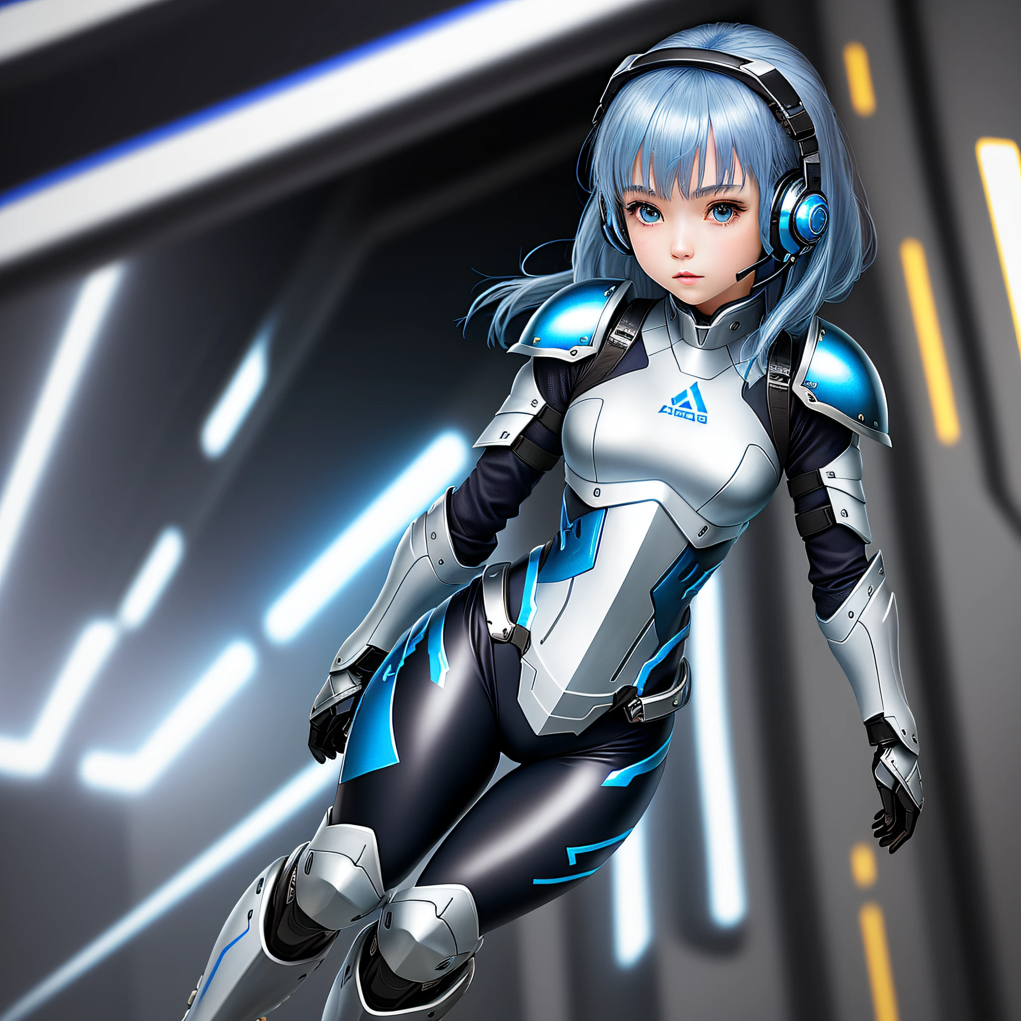(masterpiece, highest quality, highest resolution, distinct_image, detailed details): (Solo, lone girl, Japan face, blue-haired girl, full body figure, small size breasts, sparkling blue colored eyes, metallic tone white and blue, pilot suit in black color, tight fit clothes, clothes covering the whole body, beauty, slim body, exoskeleton, sexy pose, white and blue and black metal armor, Heroine, headset, boots)