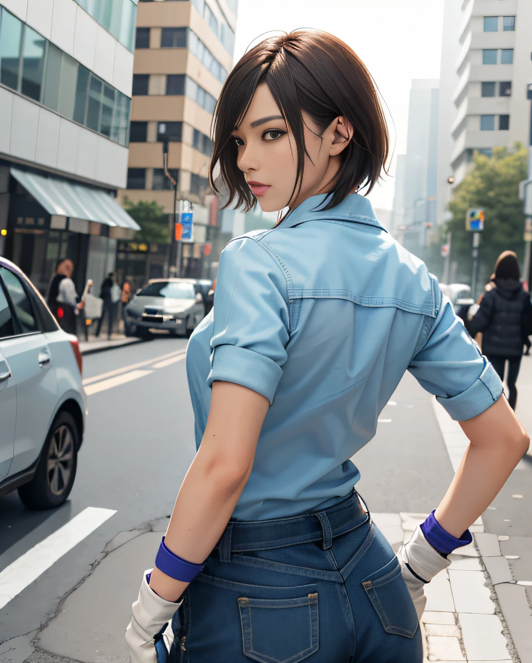 (obra-prima, qualidade premium: 1.2), sozinha, strong, 1girl (Kazama Asuka), cabelo curto castanho, olhos castanhos, back, showing butt, in clothes, sfw, on the street (shot from behind 1:1), gloves(1:1)