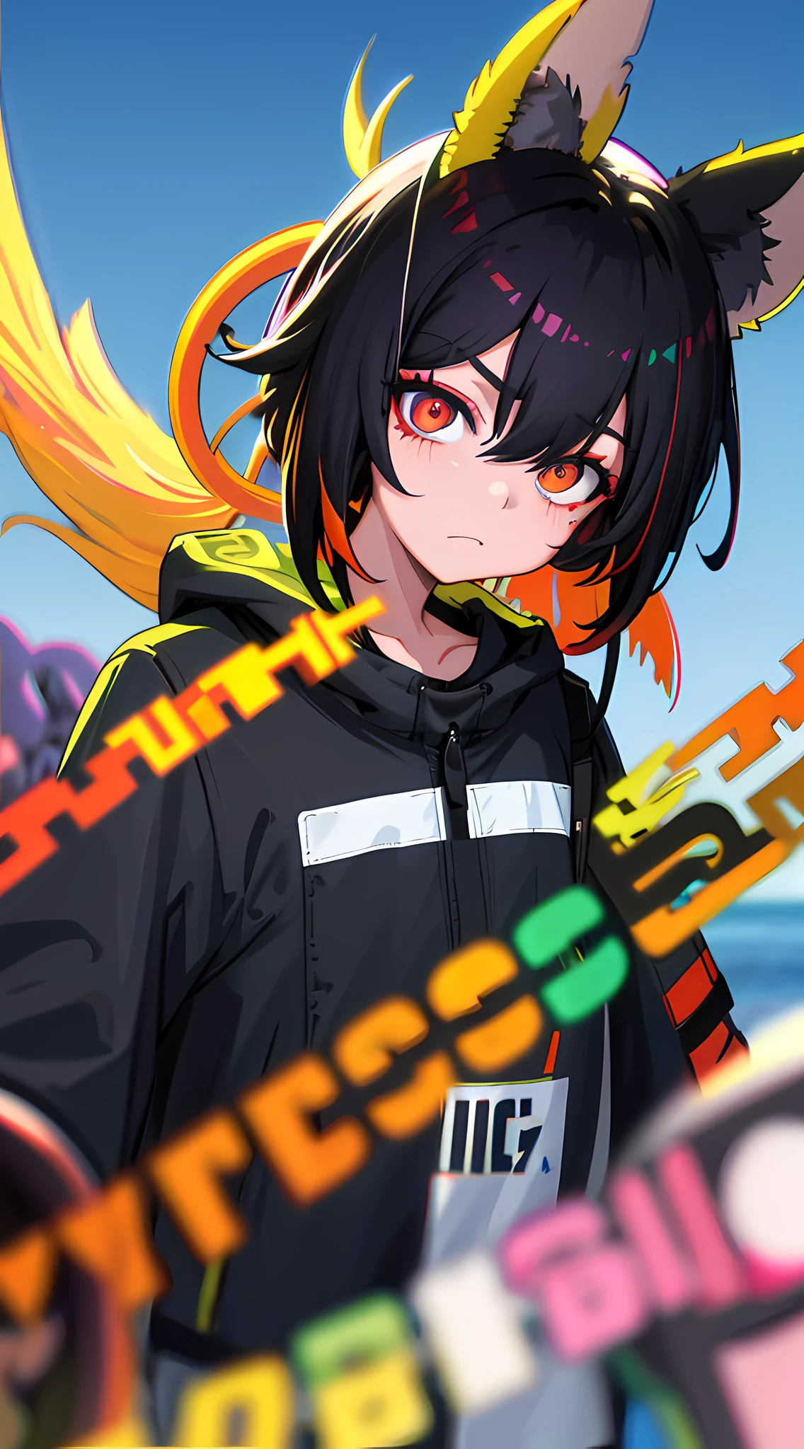 black hair, multicolored hair, hair flower, goggles on headwear, crazy eyes, hollow eyes, lion ears, sad, Futurism, Color Field painting, depth of field, dithering, chromatic aberration abuse, viewfinder, blurry foreground, macro photo, 16k, high quality