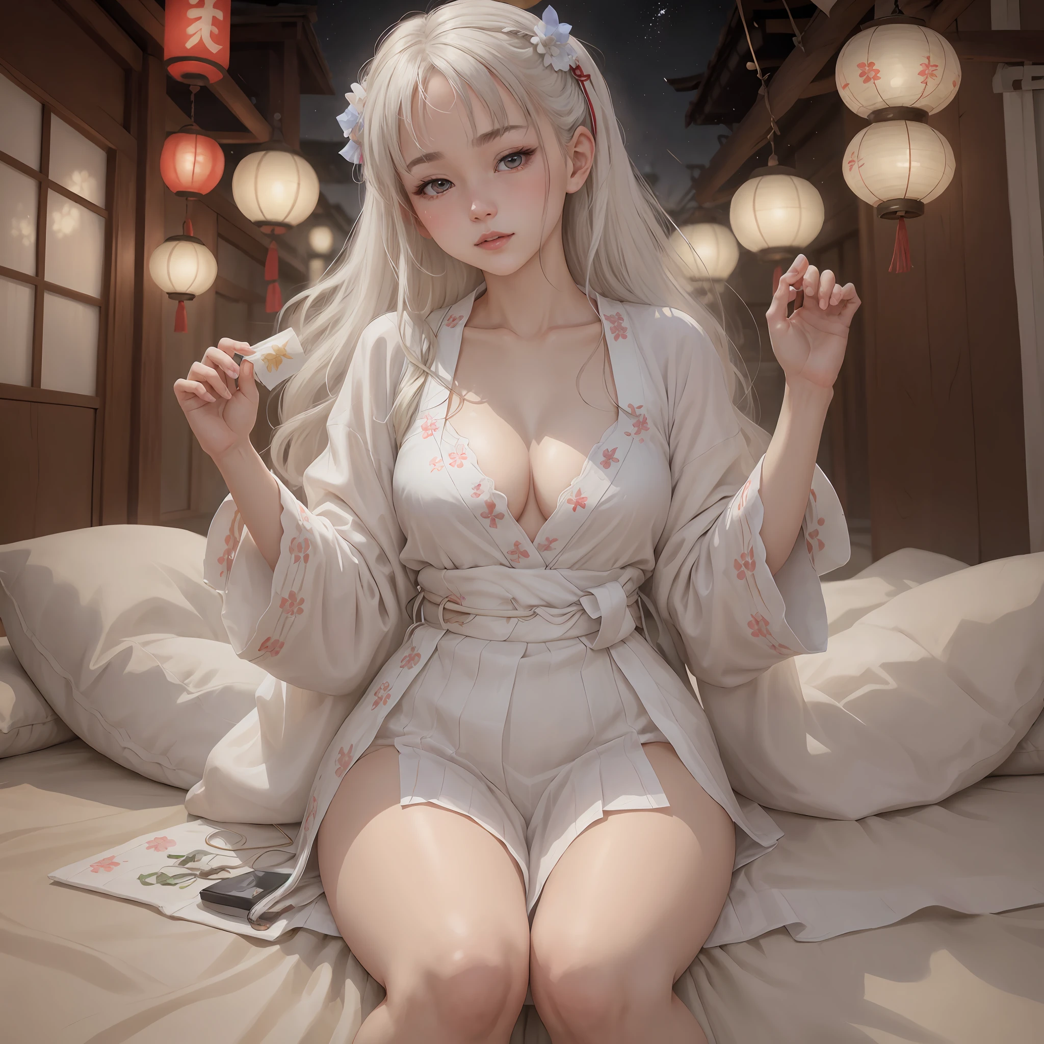 I gril, realistic, 20 years old, white, thick thighs, small smile in the middle of the lips straight and long hair of white color, open white kimono, neckline, panties, grnades breasts, word love in Japanese written in red on the pupils of the character's blue eyes, sitting on the bed in a sensual way, posed for photo, small bra, Japanese New Year festival at night --auto --s2