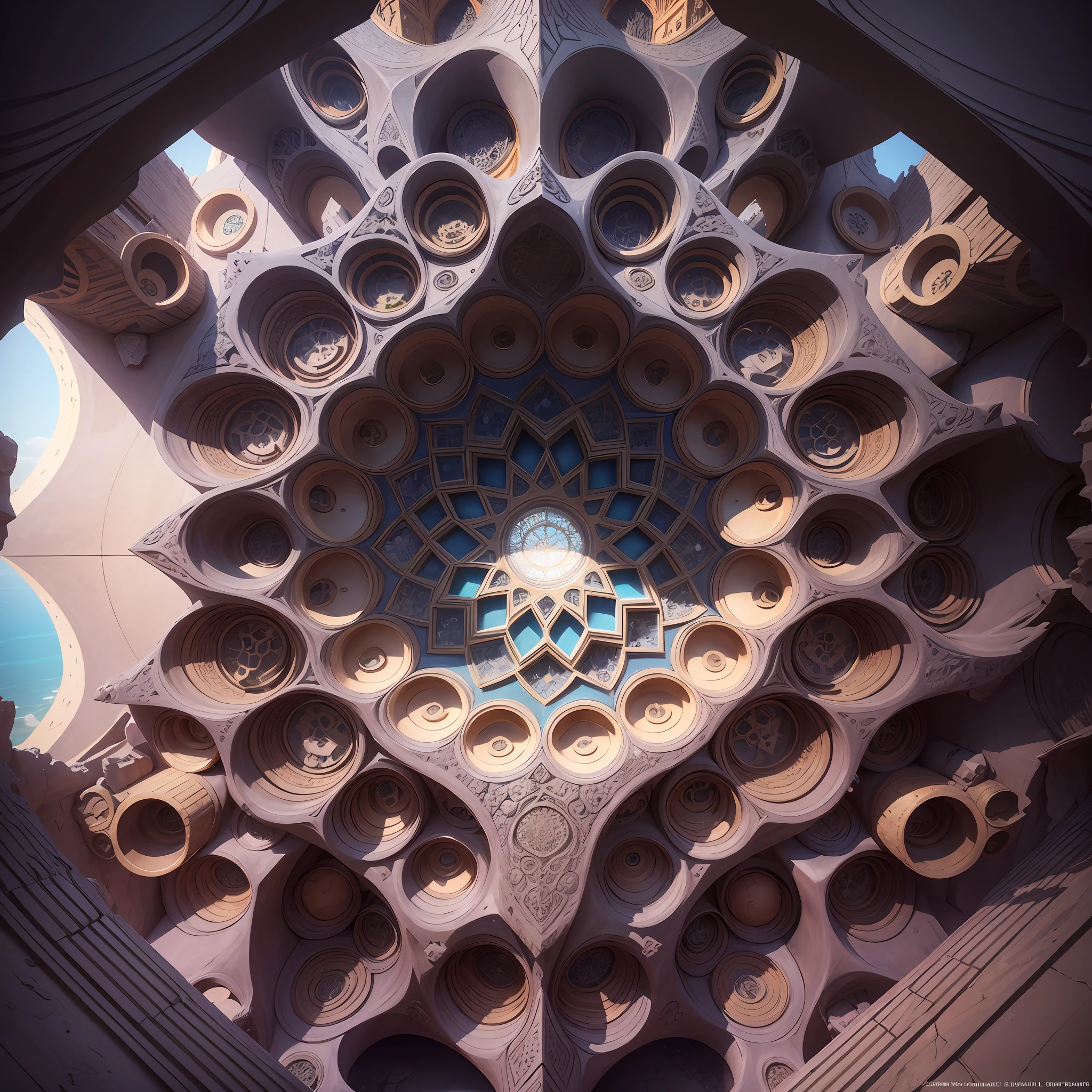 Futuristic Islamic architecture design of cave architecture concept art on desert oasis, islamic architecture, proportional,detailed, cave architecture nature meets futuristic architecture by Toyo Ito ,residential area, futuristic development, high rise balconies, full of rock and glass facades, residential spaces carved from cliff side ,trending on artstation, beautiful lighting,In the style of Arabic calligraphy masterpiece, fantasy, intricate, award winning, 4k, highest quality render --auto --s2
