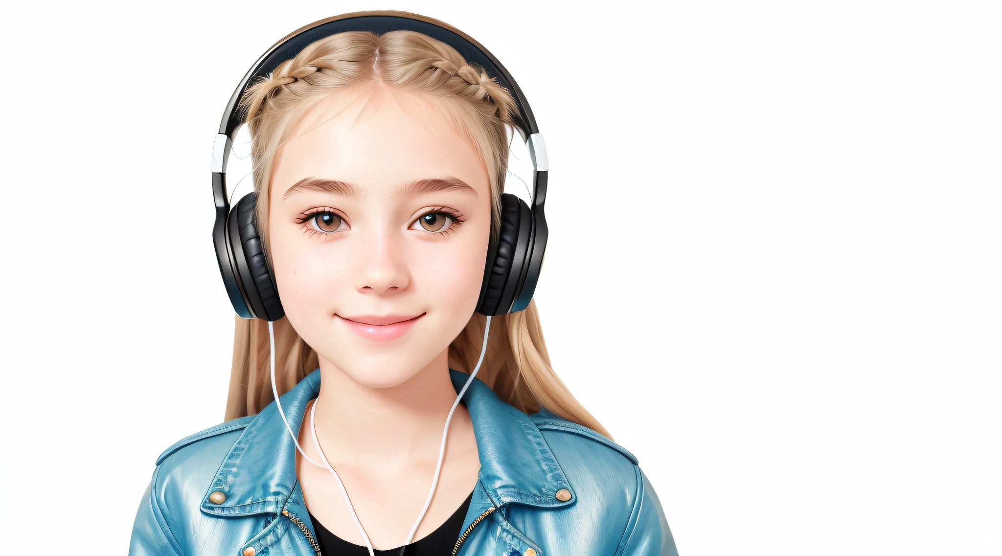 girl 12 years, blonde long hair of braids,portrait, with headphones and sunglasses smiling and holding hands up, blue leather jacket, girl wearing headphones, listening to music, wearing headphones, with headphones, with headphones, wearing a headset, vibrating with music, listening to pious music,  Using headphone jack, using headset for gaming, tinnitus, high quality portrait, headphones on, digital art H 9 6 0, (white background: 1.3).