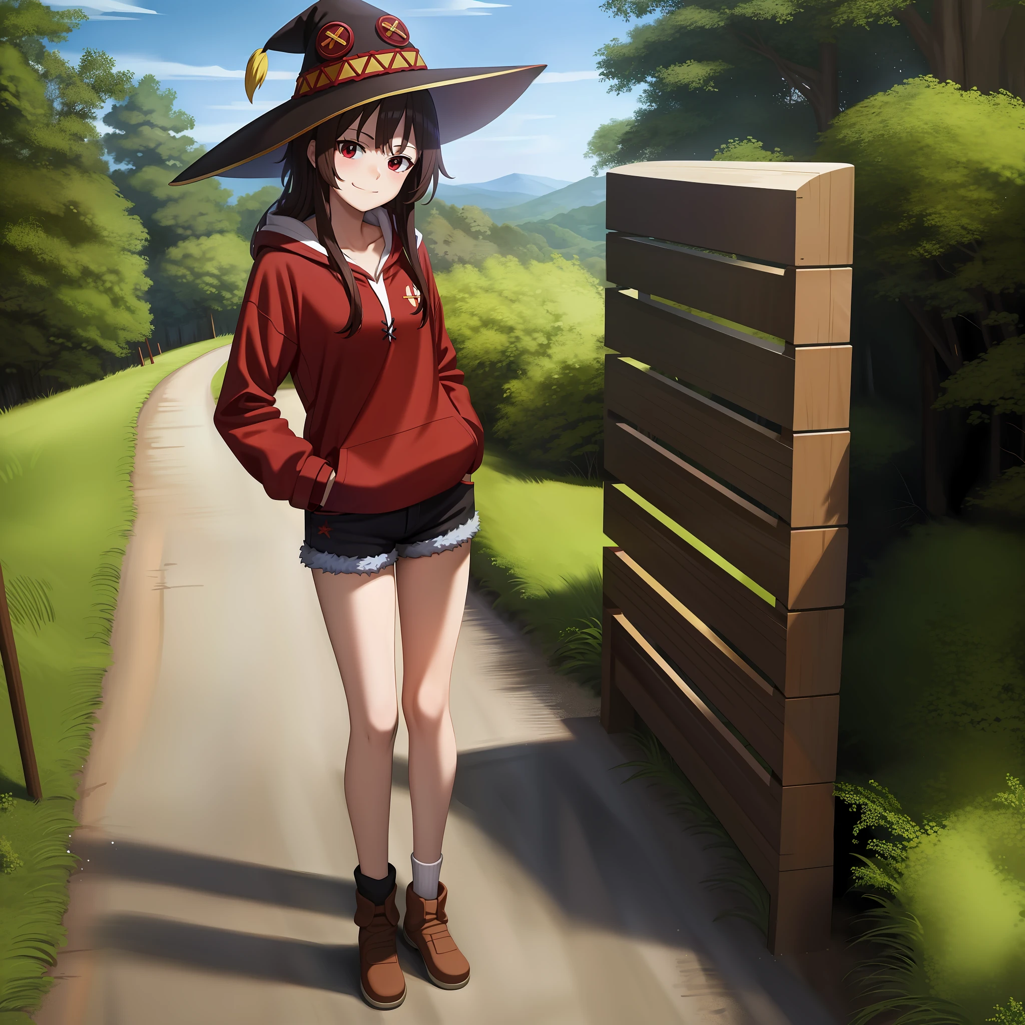 anime coloring, forest,nature,dirt path,blue sky,
1girl, solo red eyes, brown hair,short hair with long locks, closed mouth, bangs,standing,looking at viewer,red hoodie, bare legs, black shorts,cowboy shot, hands in pockets, smirk,head tilt,witch hat,