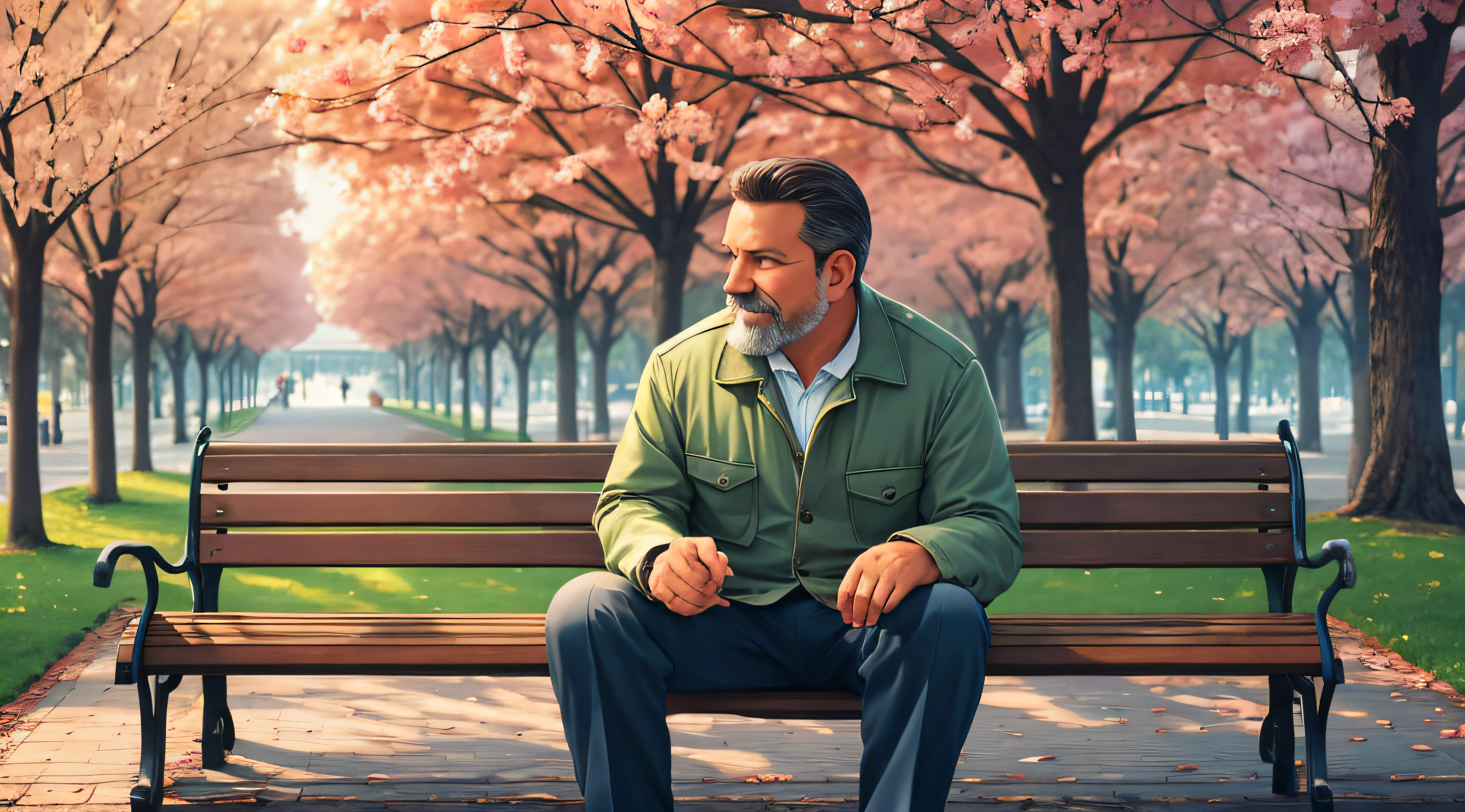 "A middle-aged man sitting on a park bench, depicted with delicacy, with a touch of nostalgia and lively atmosphere." --auto --s2