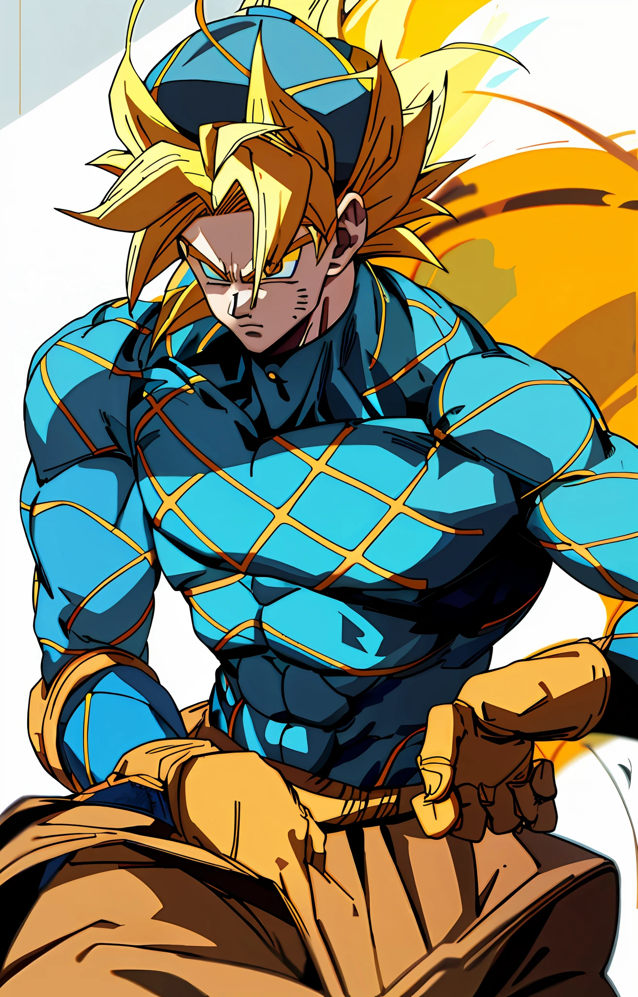 super saiyan, yellow hair, DIO, blue hat, brown pants, brown gloves, blue shirt with yellow stripes, yellow humanoid behind, hd, highres