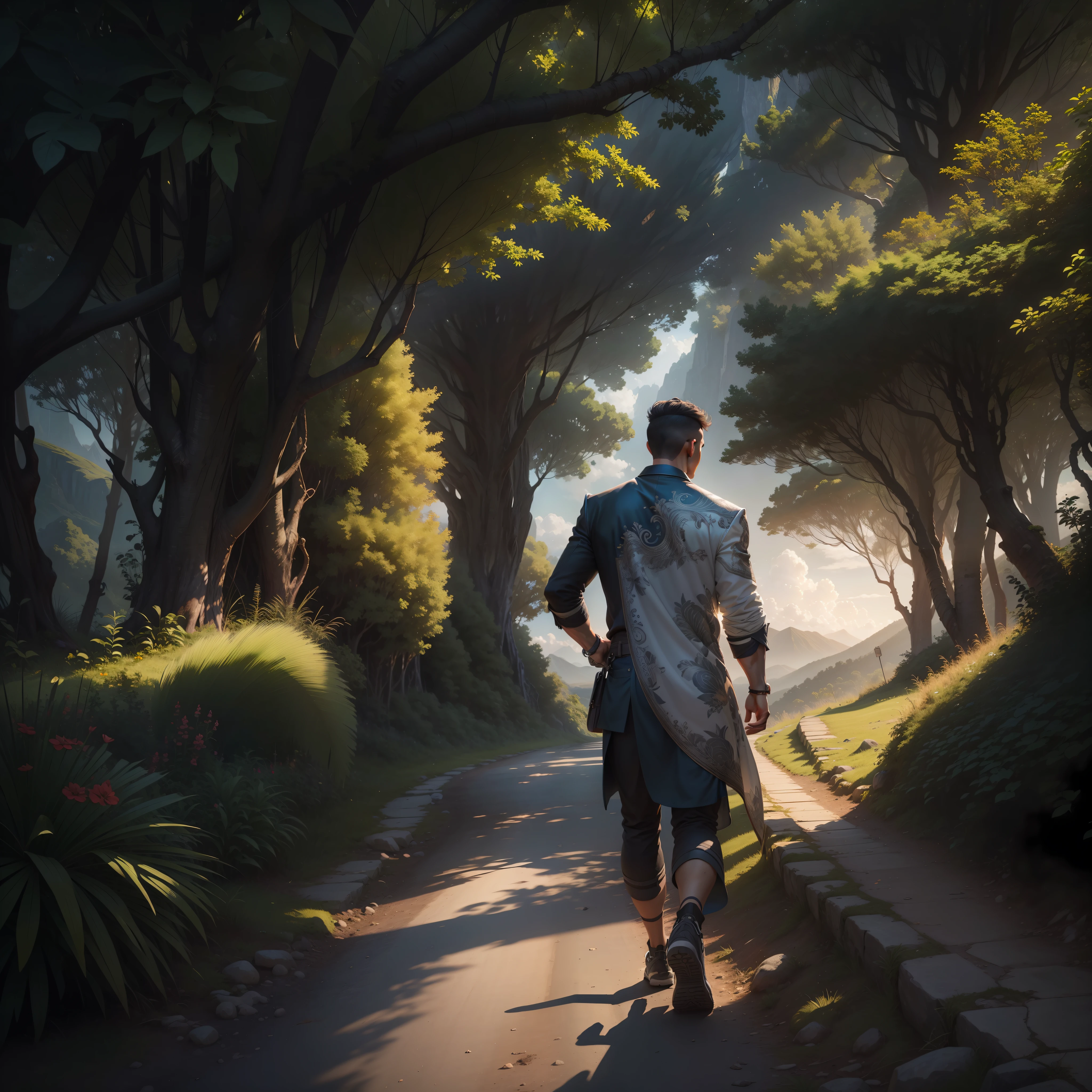 man, landscape, nature, mountains, paths, path, path to heavens, palm trees, alone, alone, straight path, natural view, divine, clouds, cloud, heavens, sky, sun, detailed sky, path to, back, manly, manly, manly, vigorous, strong, well dressed, tunic, decent, walk, run, path, beauty path, life path, nature, beautiful place, paradise, back, walking, looking at the straight path, Direction photorealism, photorealistic, Ultra HD, 4K, detailed textures, futuristic colors, detailed colors,