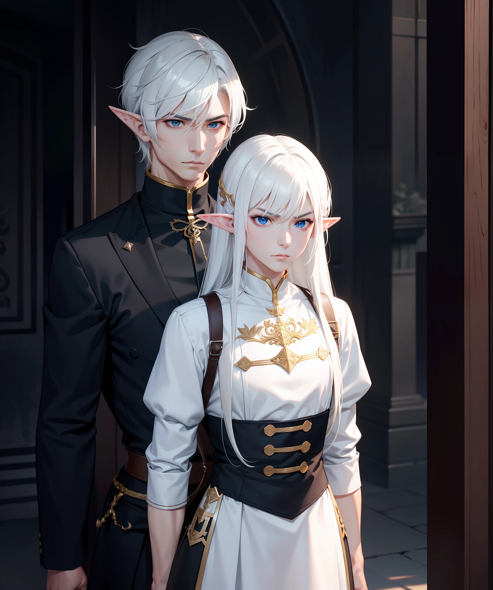 Masculine,serious, expression would be, white hair,elf, hair with white color.