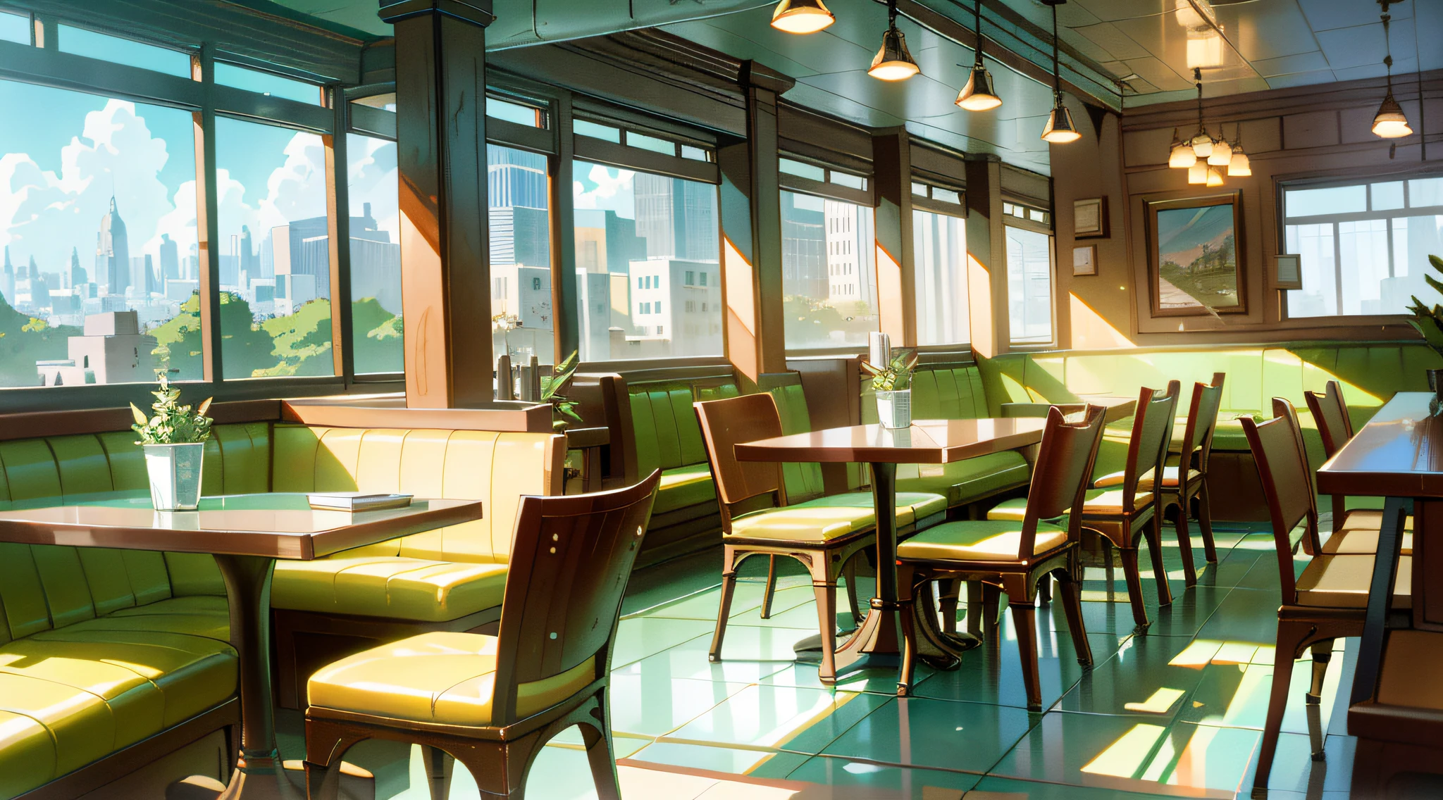 (At a city coffee shop), (cozy and comfortable seating), (spacious and large), (stylish lighting), (empty), (dappled lighting), (noon-time), (Ultra-detailed anime-style landscape Wallpaper).