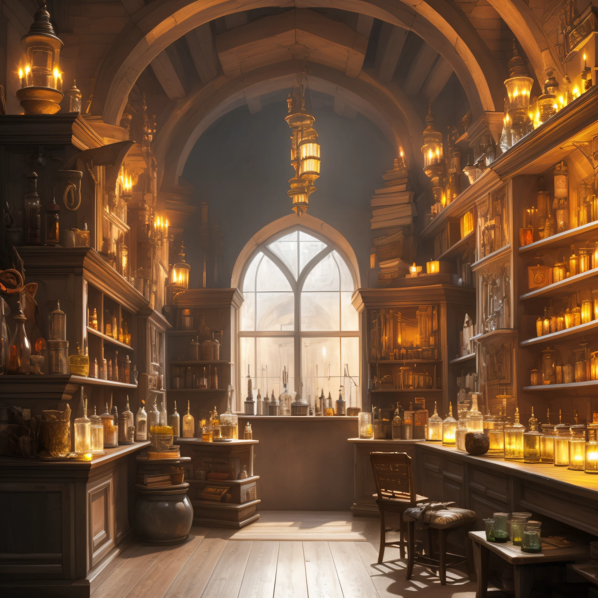 (fantasy alchemist store interior, potions,glass jars, books, and ingredients, magical gems), by greg rutkowski and Jan Matejko and Andrey Shishkin, D&D fantasy architecture design sheet page scan