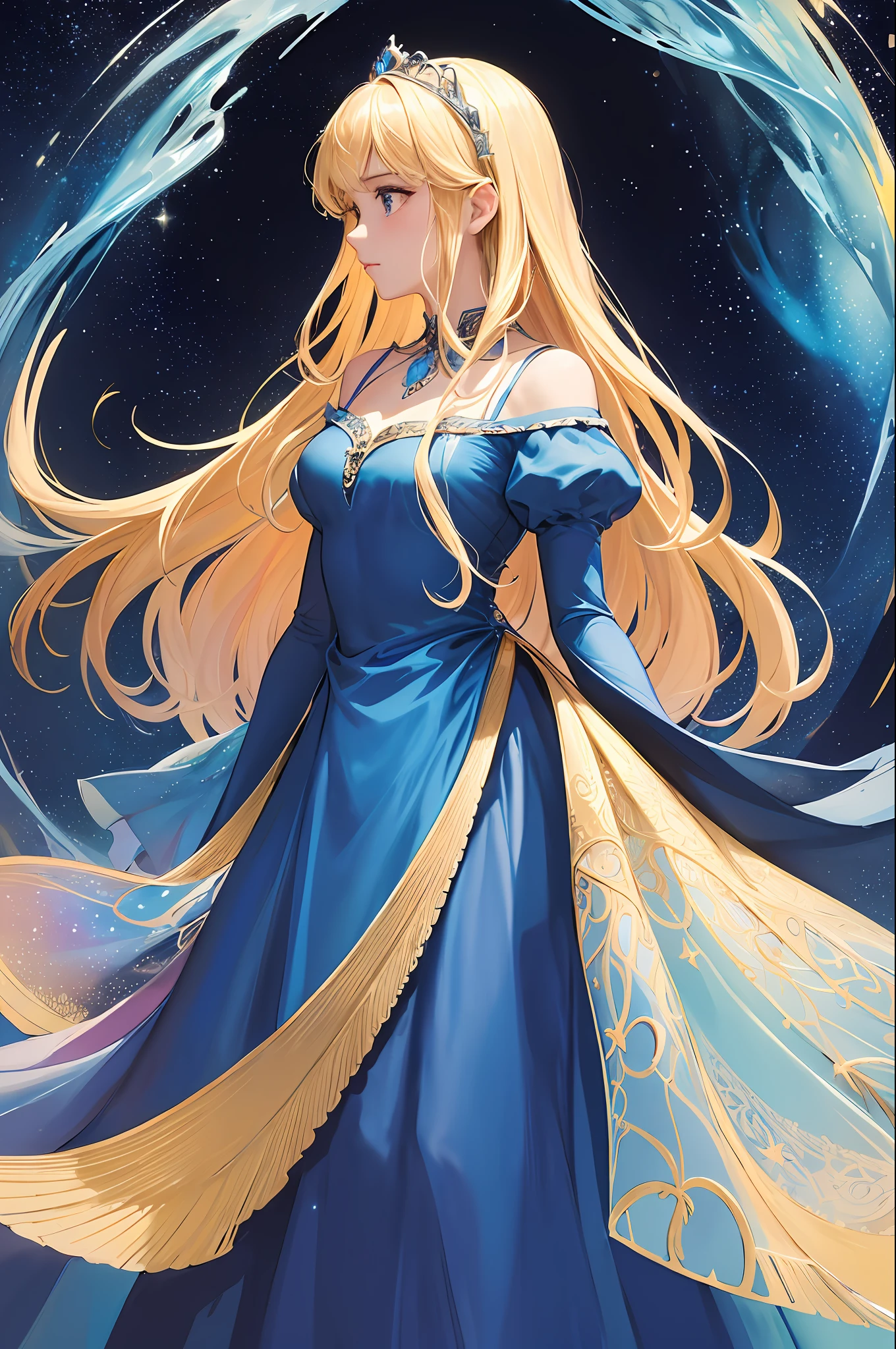 (masterpiece, top quality, best quality, watercolor (medium), official art, beautiful and aesthetic: 1.2), (1 Girl: 1.3), (fractal art: 1.3), upper body, profile, patterns, (blonde hair,long blonde hair, tiara, long blue dress, which goes to the floor, V dress as collar, top of the dress is darker than its bottom, Disney Princess Style, Aurora:1.2),Water,Liquid,Cloud,Colorful,Starry,Stars, Delicate, Slender, Magical Aura, Upper Body, Long Dress, V-Collar, Wavy Hair