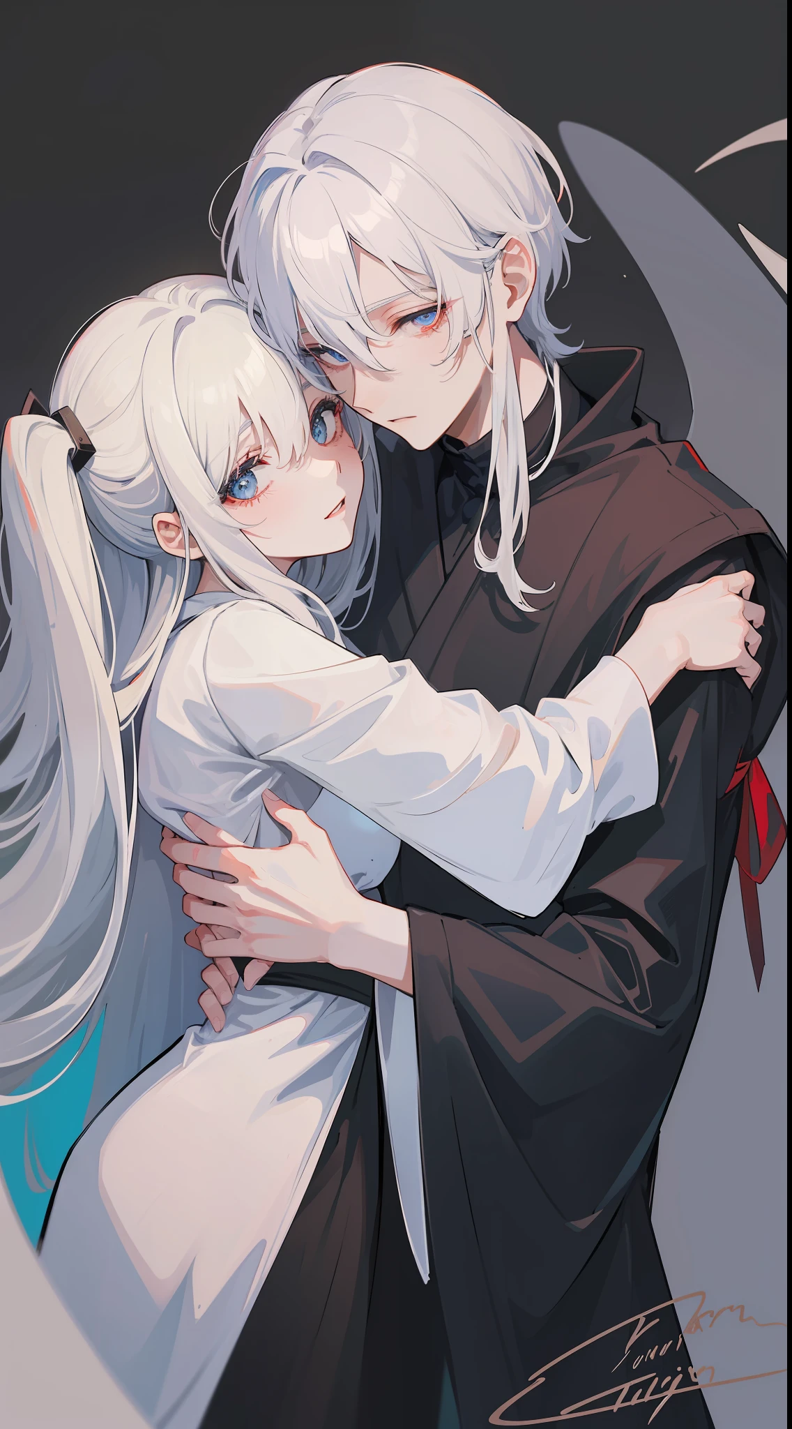 1man, sharp blue eyes with sharp pupils, white sharp hair and he was wearing black robes and, intimate hug with his red-eyed wife((41 year old face))