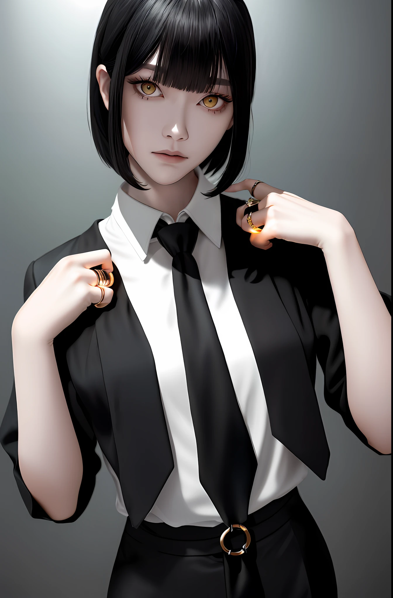 Masterpiece, (Photorealistic: 1.4), Top Quality, Beautiful Lighting, (ulzzang-6500:0.5), Makima \(Chainsaw Man\), (Bob Hair) + (Black Hair) + (Bangs), Yellow Eyes, Golden Eyes, (((Ring Eyes)), (Black Shirt), (Tie), RAW Photography, 8k UHD, Film Grain
