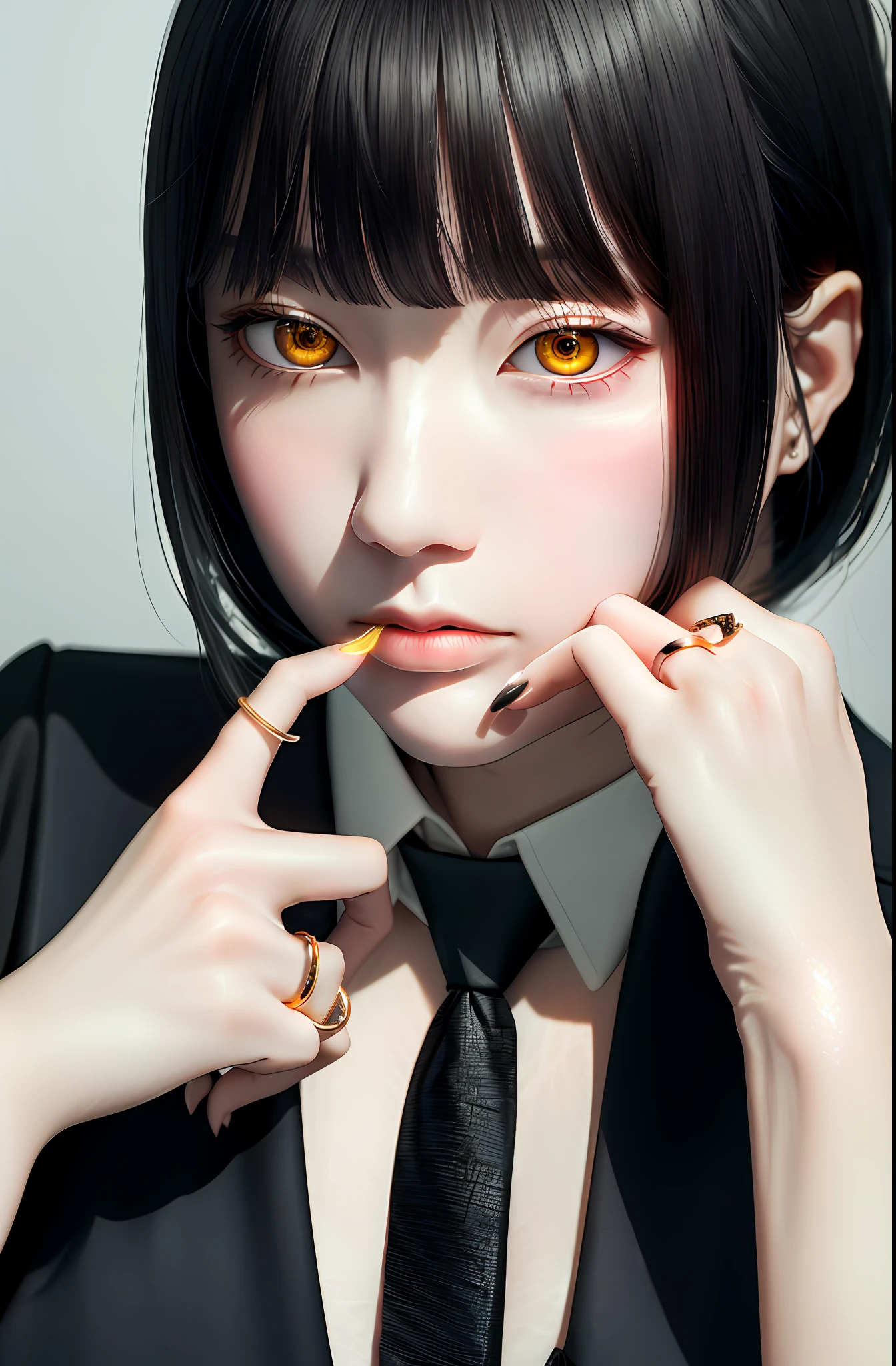 Masterpiece, (Photorealistic: 1.4), Top Quality, Beautiful Lighting, (ulzzang-6500:0.5), Makima \(Chainsaw Man\), (Bob Hair) + (Black Hair) + (Bangs), Yellow Eyes, Golden Eyes, (((Ring Eyes)), (Black Shirt), (Tie), RAW Photography, 8k UHD, Film Grain