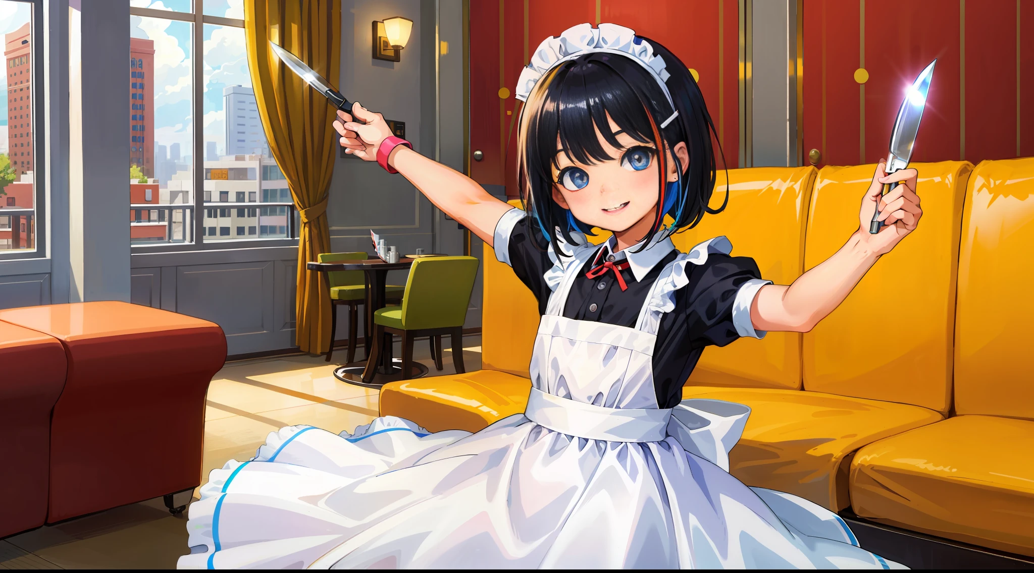 HD picture, children's youthful style, animated face appearance, other children in the background, 1 Bob hairstyle slim boy wearing maid dress, strong and vibrant eyes, happy smile, holding a knife, hotel