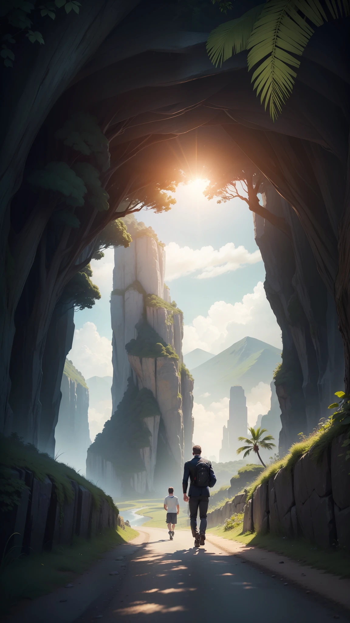 man, landscape, nature, mountains, paths, path, path to heavens, palm trees, alone, alone, straight path, natural view, divine, clouds, cloud, heavens, sky, sun, detailed sky, path to, back, manly, manly, manly, vigorous, strong, well dressed, tunic, decent, walk, run, path, beauty path, life path, nature, beautiful place, paradise, back, walking, couple, man and woman, married, looking straight way, towards photorealism, photorealistic, ultra hd, 4k, detailed textures, futuristic colors, detailed colors,