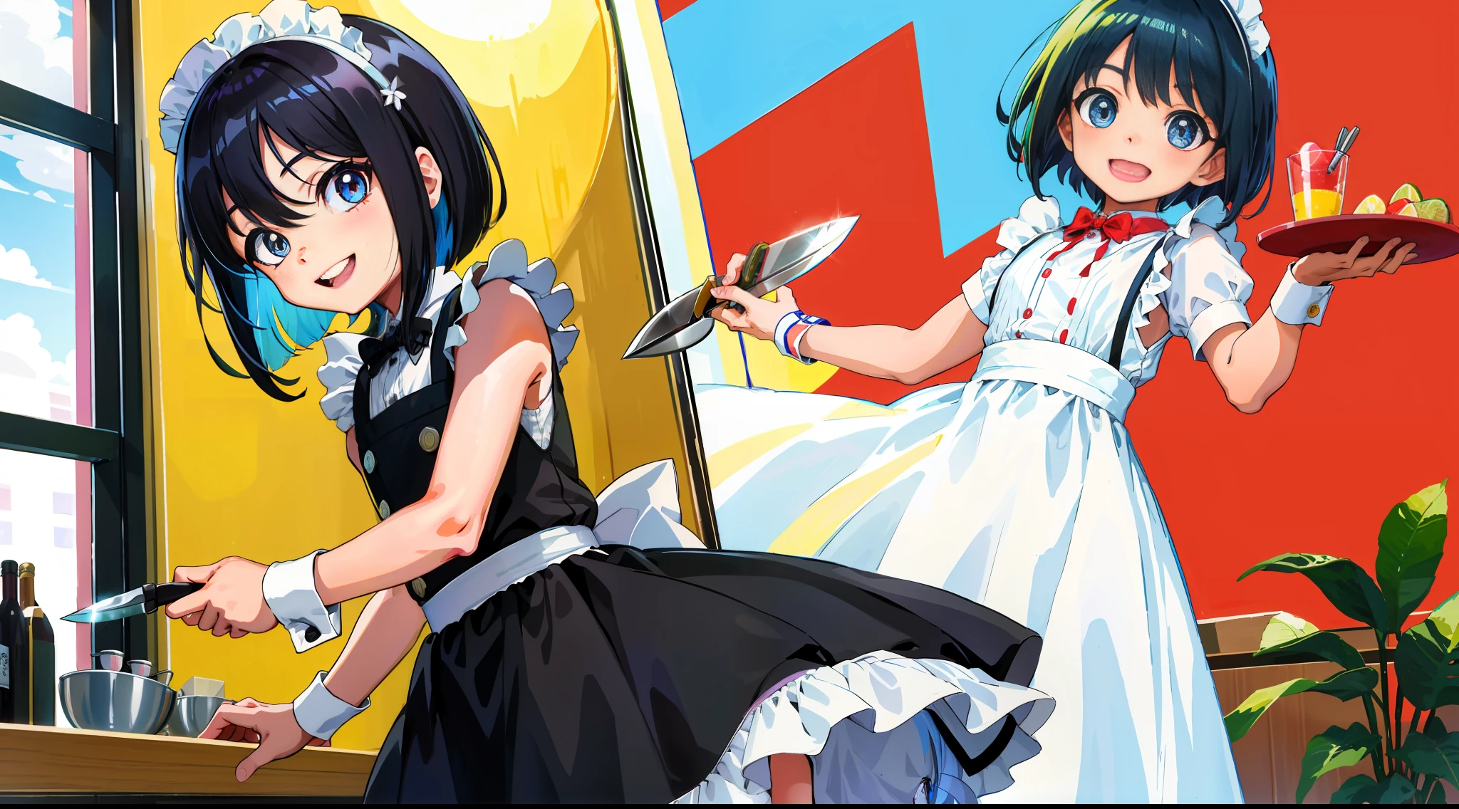 HD picture, children's youthful style, animated face appearance, other children in the background, 1 Bob hairstyle slim boy wearing maid dress, strong and vibrant eyes, happy smile, holding a knife, hotel
