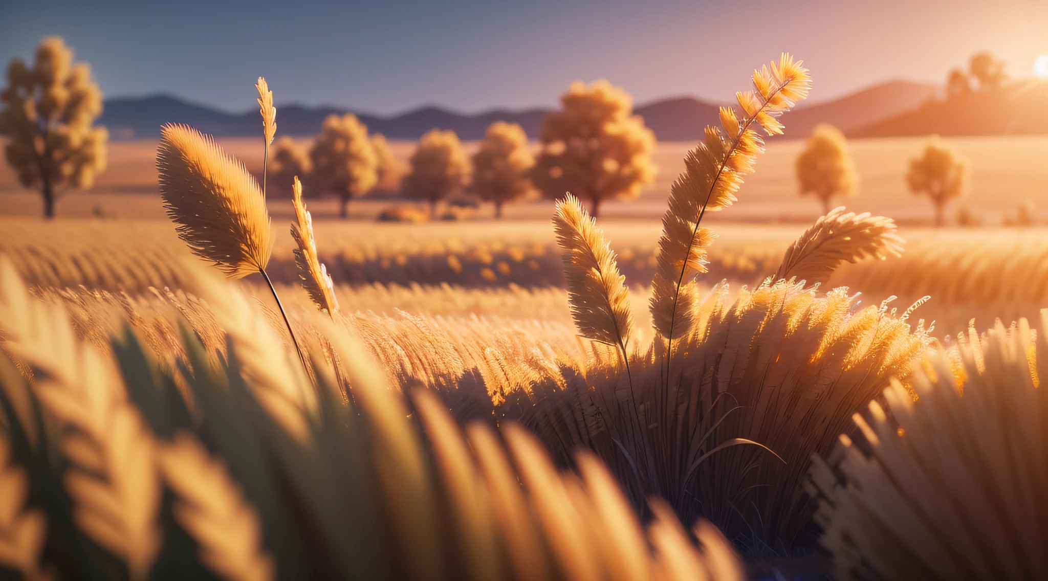 (extremely detailed CG unity 8K wallpaper, best quality, masterpiece), soft and gentle, dreamy hayfield, light and shadow dancing, warm tone, vibrant, bokeh, golden hour, rural landscape.