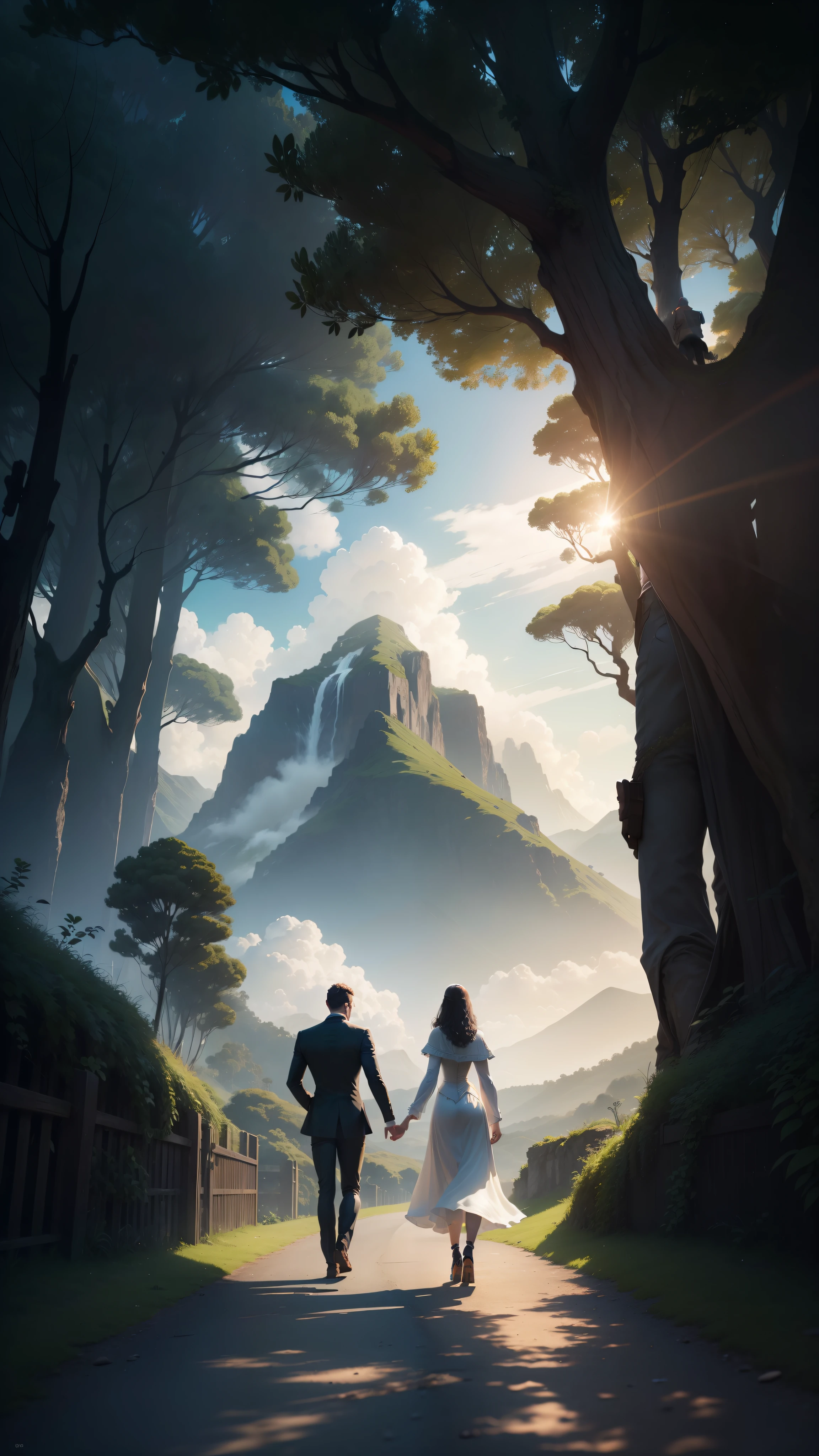 man, landscape, nature, mountains, paths, path, path to heavens, palm trees, alone, alone, straight path, natural view, divine, clouds, cloud, heavens, sky, sun, detailed sky, path to, back, manly, manly, manly, vigorous, strong, well dressed, tunic, decent, walk, run, path, beauty path, life path, nature, beautiful place, paradise, back, walking, couple, man and woman, married, looking straight way, towards photorealism, photorealistic, ultra hd, 4k, detailed textures, futuristic colors, detailed colors,