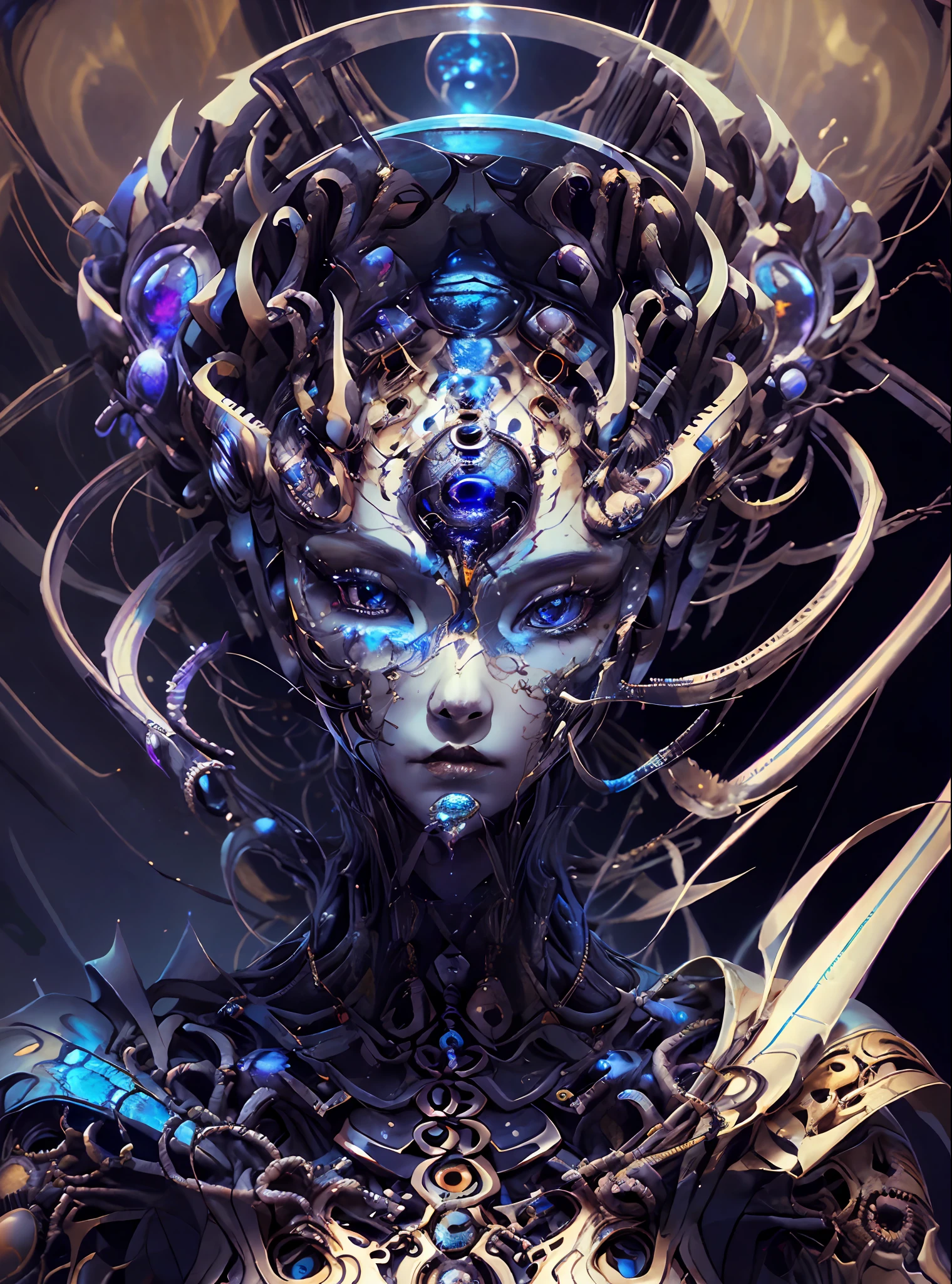 \(best quality, ultra-detailed, best illustration, best shadow, masterpiece, high res, professional artwork, famous artwork), (1girl, solo), looking at viewer, face only, detailed eyes, beautiful eyes, close up, scifi, colored sclera, robot eyes, facial marks, tattoos, (fractalized, fractal eyes), large eyes, wide eyes, (eye focus), face focus, cosmic eyes, space eyes,