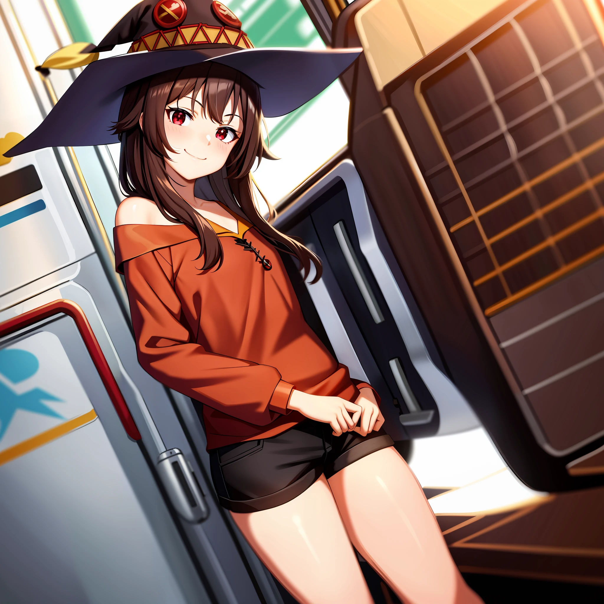 anime coloring, on train, 1girl, solo red eyes, brown hair, short hair with long locks, closed mouth, bangs, standing, looking at the viewer, red hood, bare legs, black shorts, cowboy shot, hands in pockets, smile, head tilt, witch hat,