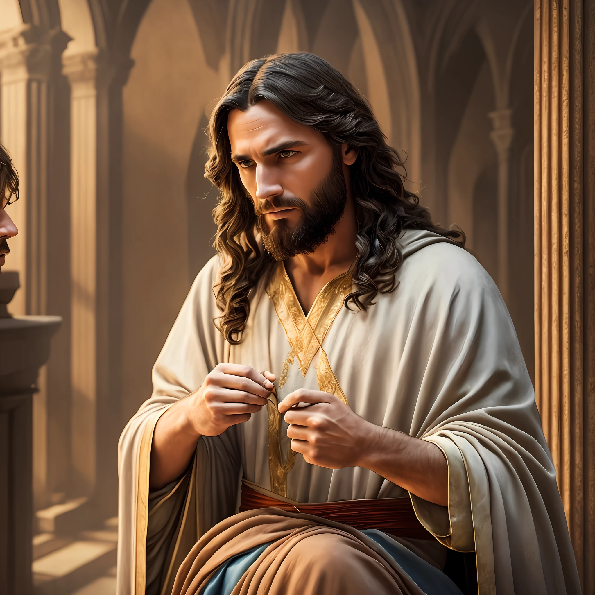 JESUS CHRIST with Two Disciples in Jerusalem Photo Dark: Epic Realistic, Soft Cinematic Portrait, Adobe Lightroom, Photo Lab, Highly Detailed, Faded, Art by Greg Rutkowski and Artgerm ,Neutral Colors: 1.2), (HDR: 1.4) , (soft colors:1.2), hyperdetailed, (artstation:1.4), cinematic, warm lights, dramatic light, (intricate detail:1.1), complex background, (rutkowski:0.66), (blue and orange:0.4) --auto --s2