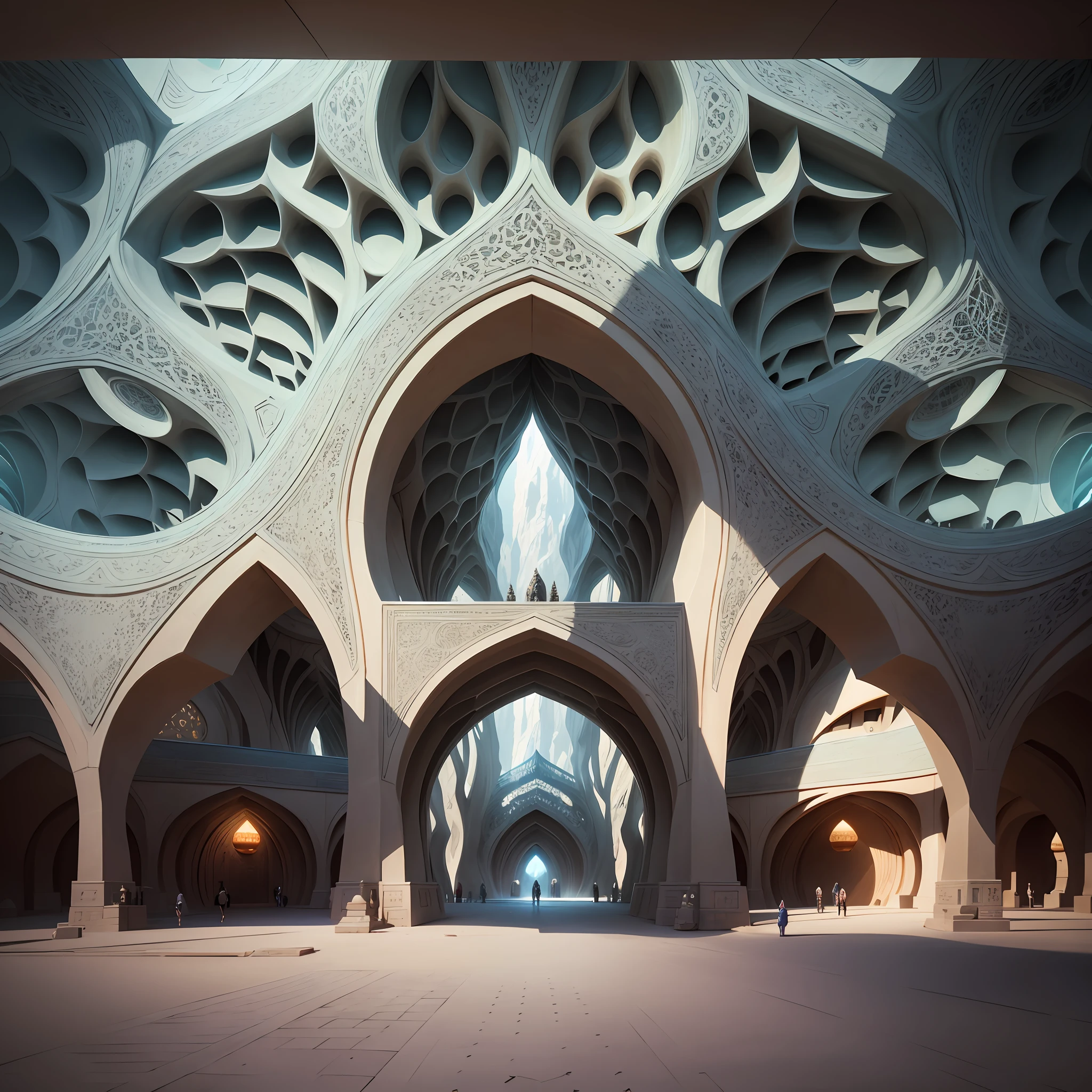 Futuristic Islamic architecture design of cave architecture concept art on desert oasis, islamic architecture, proportional,detailed, cave architecture nature meets futuristic architecture by Toyo Ito ,residential area, futuristic development, high rise balconies, full of rock and glass facades, residential spaces carved from cliff side ,trending on artstation, beautiful lighting,In the style of Arabic calligraphy masterpiece, fantasy, intricate, award winning, 4k, highest quality render --auto --s2