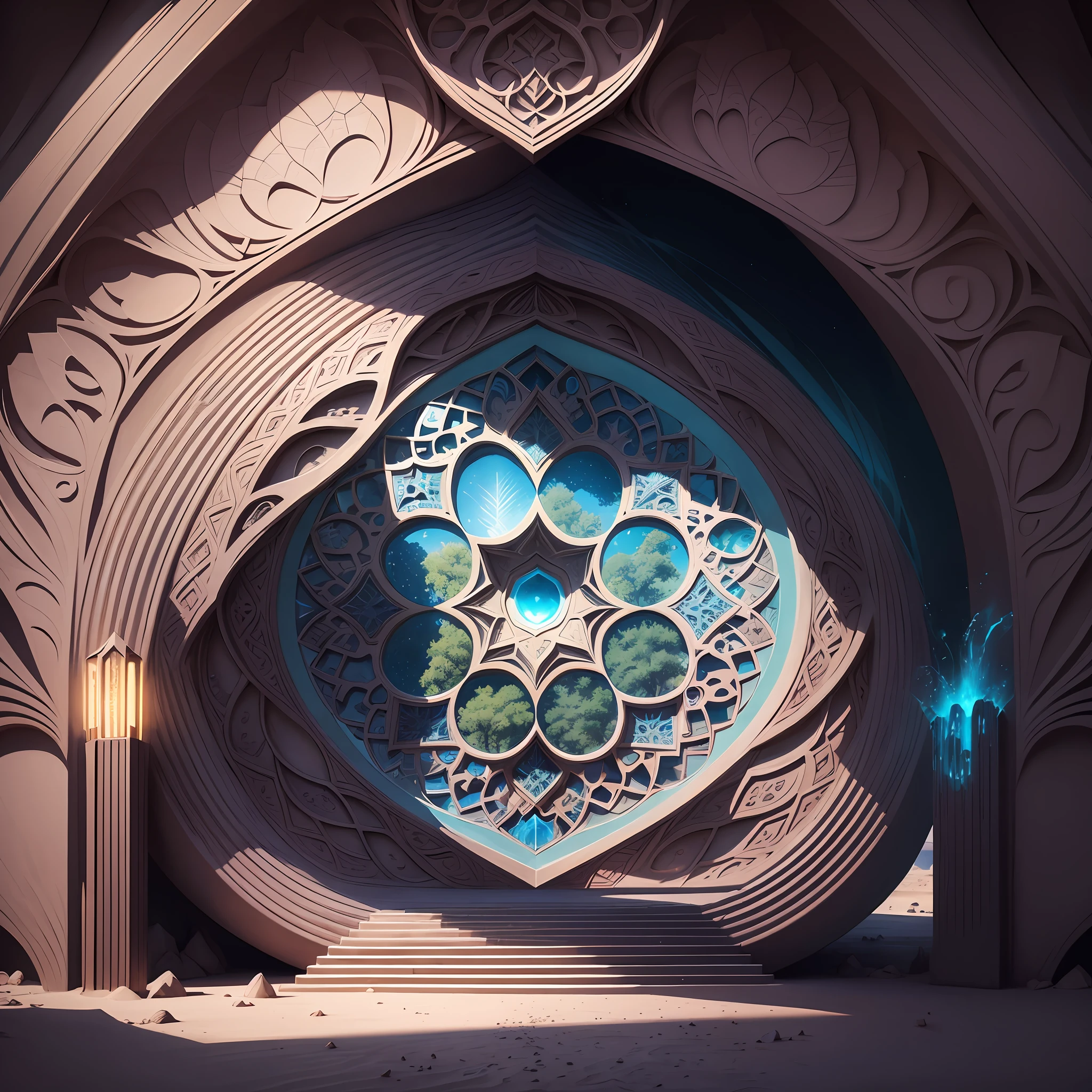 Futuristic Islamic architecture design of cave architecture concept art on desert oasis, islamic architecture, proportional,detailed, cave architecture nature meets futuristic architecture by Toyo Ito ,residential area, futuristic development, high rise balconies, full of rock and glass facades, residential spaces carved from cliff side ,trending on artstation, beautiful lighting,In the style of Arabic calligraphy masterpiece, fantasy, intricate, award winning, 4k, highest quality render --auto --s2