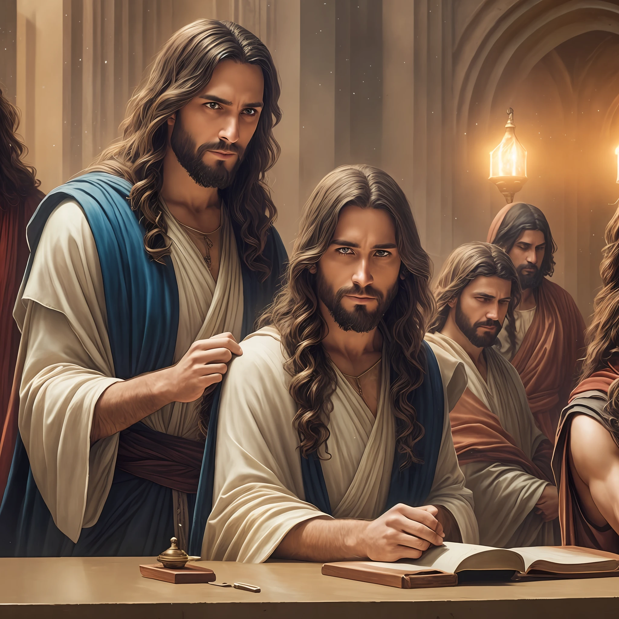 JESUS CHRIST with Two Disciples in Jerusalem Photo Dark: Epic Realistic, Soft Cinematic Portrait, Adobe Lightroom, Photo Lab, Highly Detailed, Faded, Art by Greg Rutkowski and Artgerm ,Neutral Colors: 1.2), (HDR: 1.4) , (soft colors:1.2), hyperdetailed, (artstation:1.4), cinematic, warm lights, dramatic light, (intricate detail:1.1), complex background, (rutkowski:0.66), (blue and orange:0.4) --auto --s2