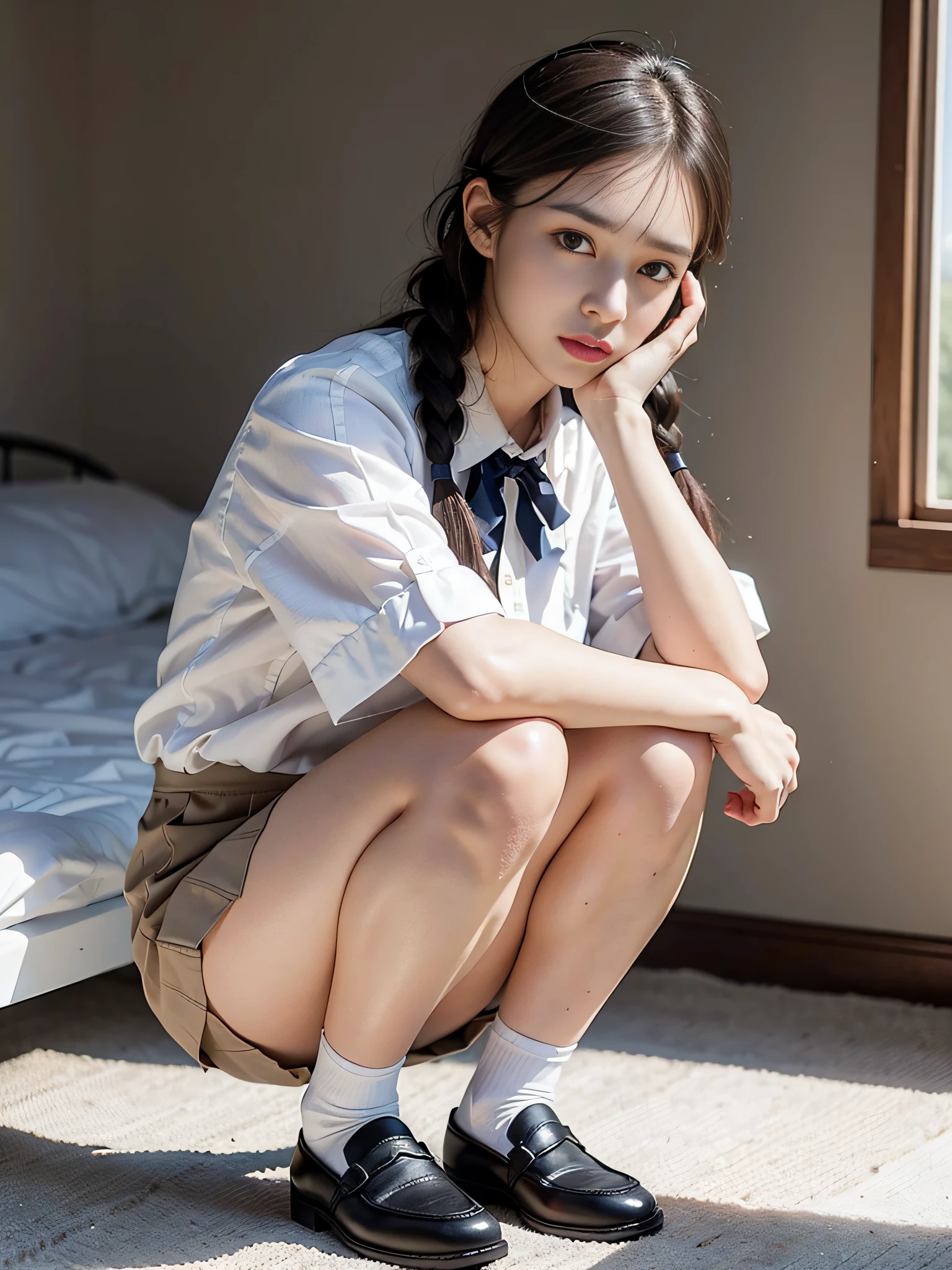 (Photoreal: 1.4), (Hyperrealistic: 1.4), (Realistic: 1.3), (Smooth Lighting: 1.05), (Improved Cinematic Lighting Quality: 0.9), 32K, 1 female, 24 year old female, Realistic lighting, Backlight, Face Lights, Ray Tracking, (Bright Light: 1.2), (Quality Improvement: 1.4), ( Realistic textured skin of the highest quality: 1.4), fine detailed eyes, detailed face, fine quality eyes, dark brown eyes, (tired, sleepy and satisfied: 0.0), pale lighting, white background, blouse with white ruffles, bow tie, dark blue skirt, dark brown hair, braided part of the hair and tied a small ribbon, squatting with knees, short ankle socks of white silk, Black strap loafers